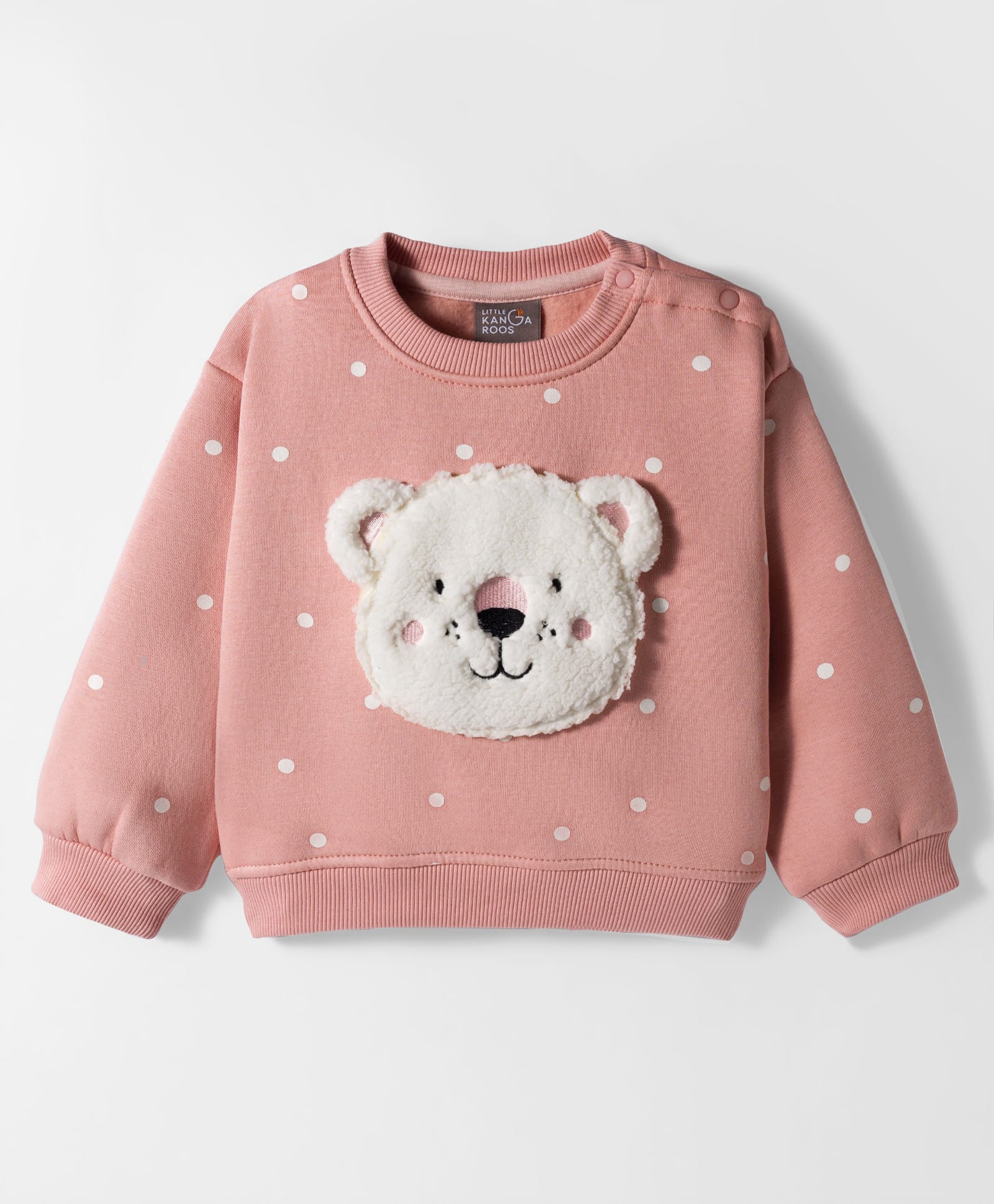 Little Kangaroos Fleece Knit Full Sleeves Sweatshirt with Bear Patch Detailing and Polka Dots Print - Peach-picture-29