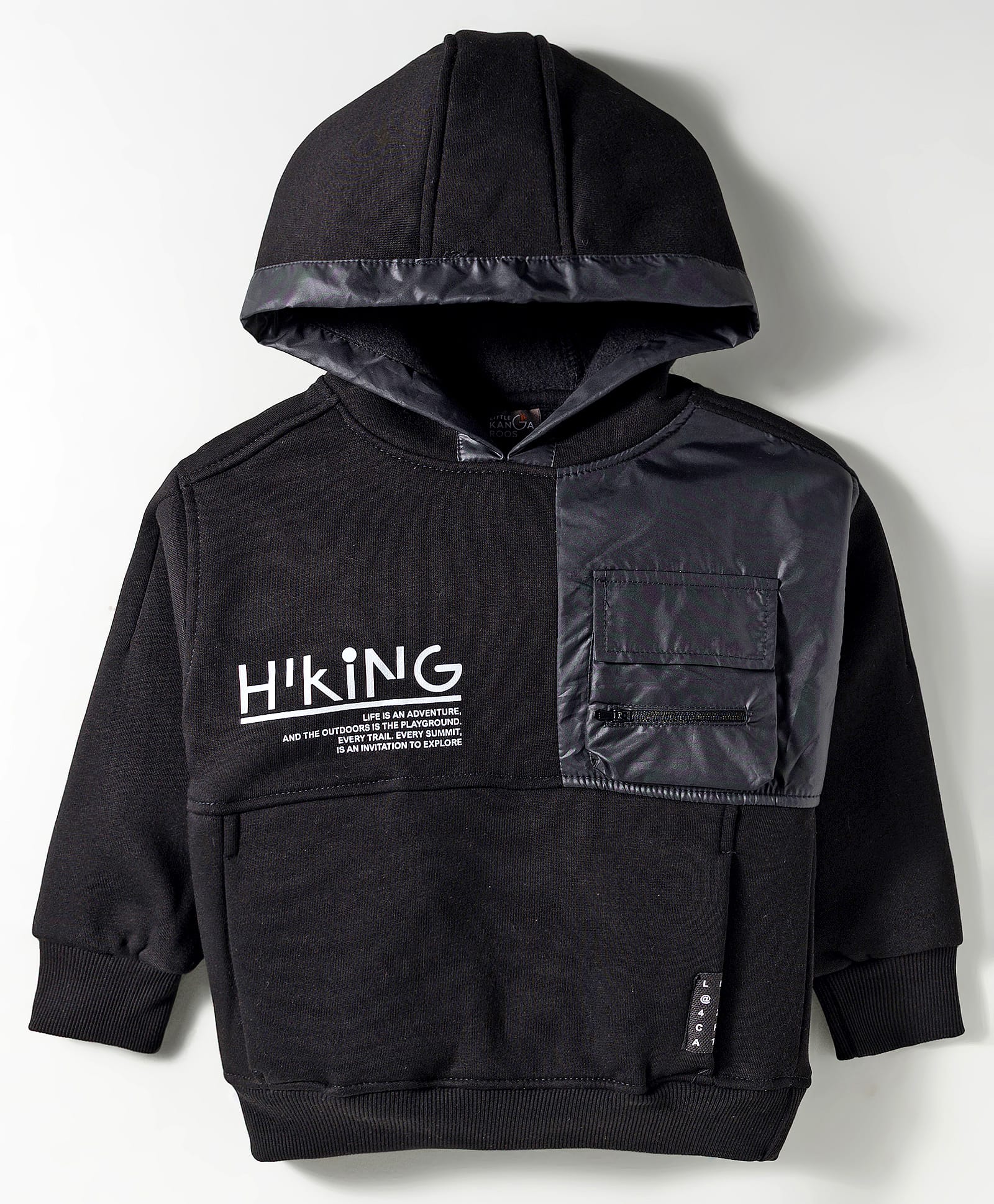 Little Kangaroos Fleece Knit Full Sleeves Hooded Sweatshirt With Text Print - Black-image-25