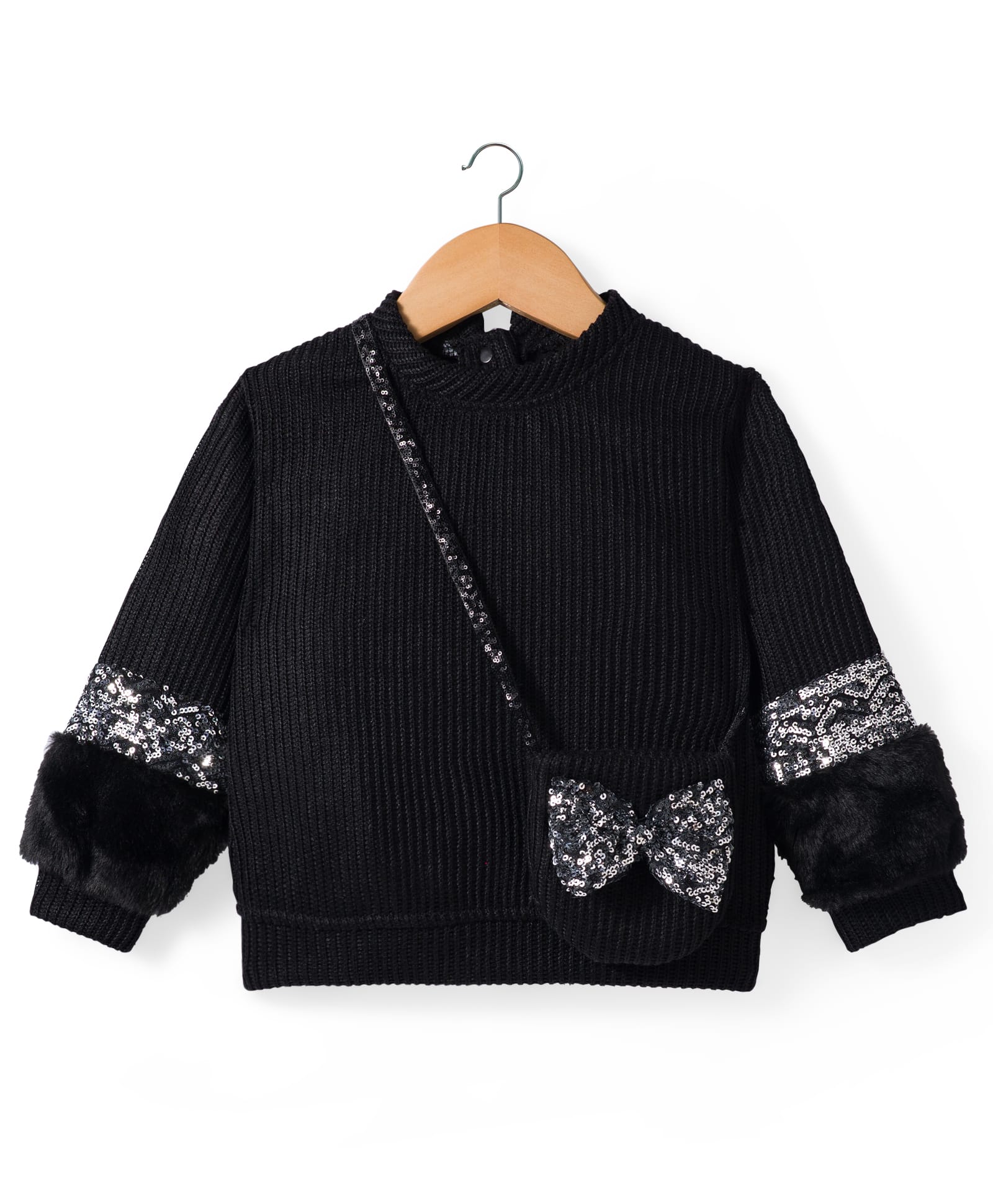 Little Kangaroos Fur Knit Full Sleeves Sweatshirt with Bow Applique Sling Bag & Sequin Detailing - Black-picture-13