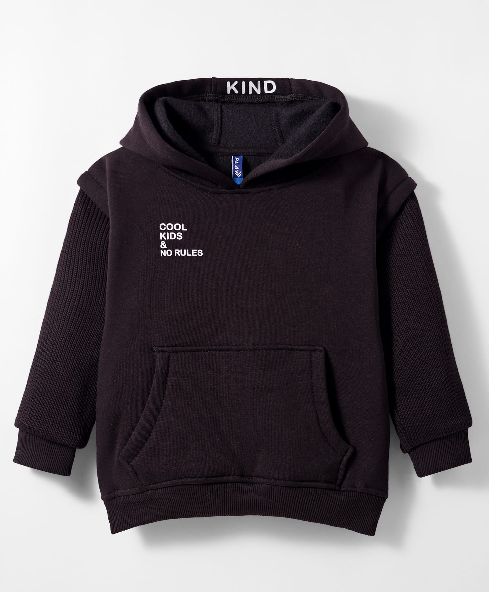 Little Kangaroos Fleece Knit Full Sleeves Hooded Sweatshirt with Kangroo Pockets & Cool Kids & No Rules Text Print - Black-image-44