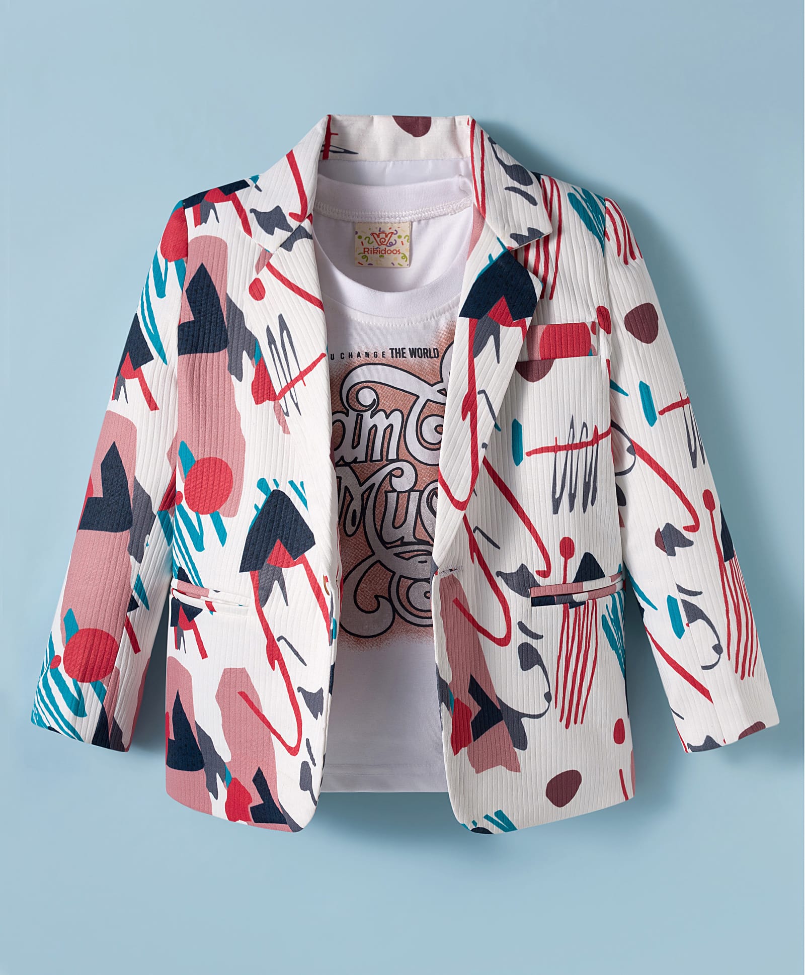 Rikidoos Full Sleeves Abstract Printed Blazer With Tee Set - Peach & White-picture-4