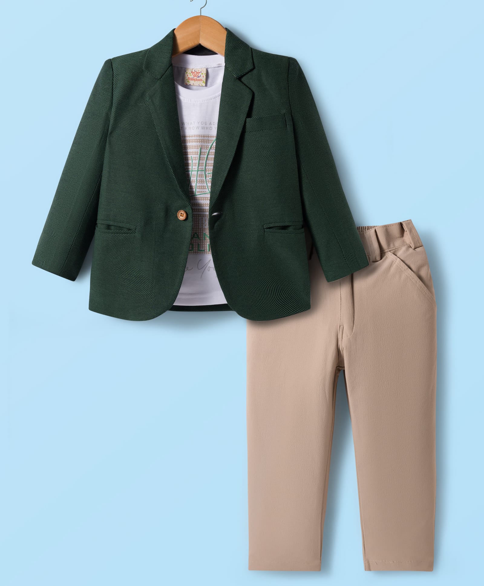 Rikidoos Full Sleeves Textured Blazer With Typography Printed Tee & Pant Set - Green & Beige-picture-21