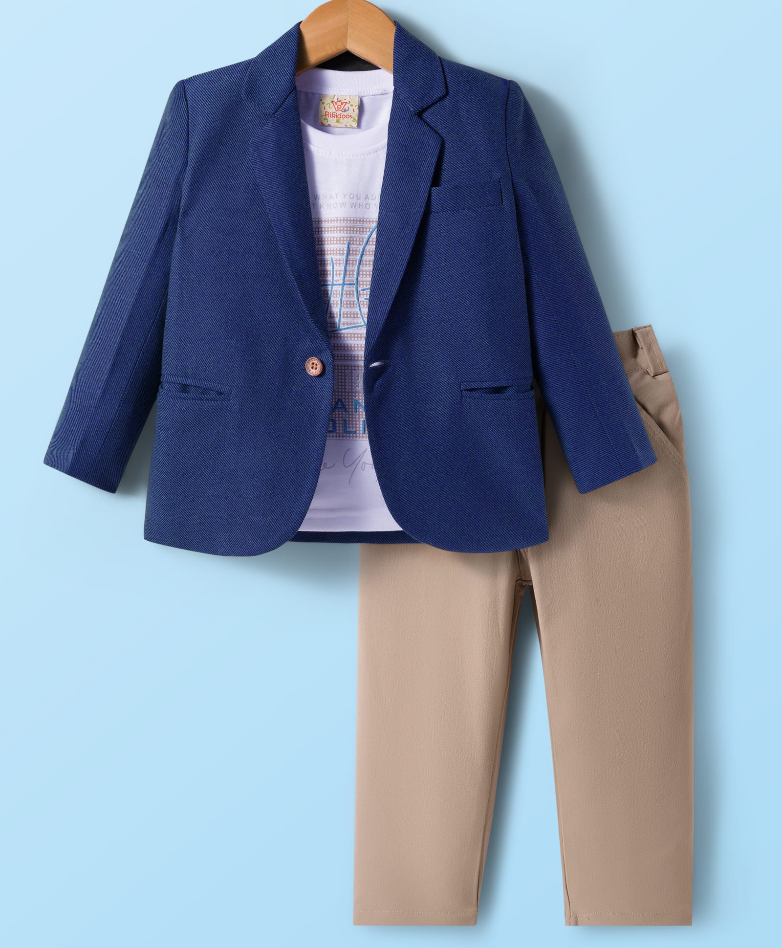 Rikidoos Full Sleeves Textured Blazer With Typography Printed Tee & Pant Set - Blue & Beige-picture-17
