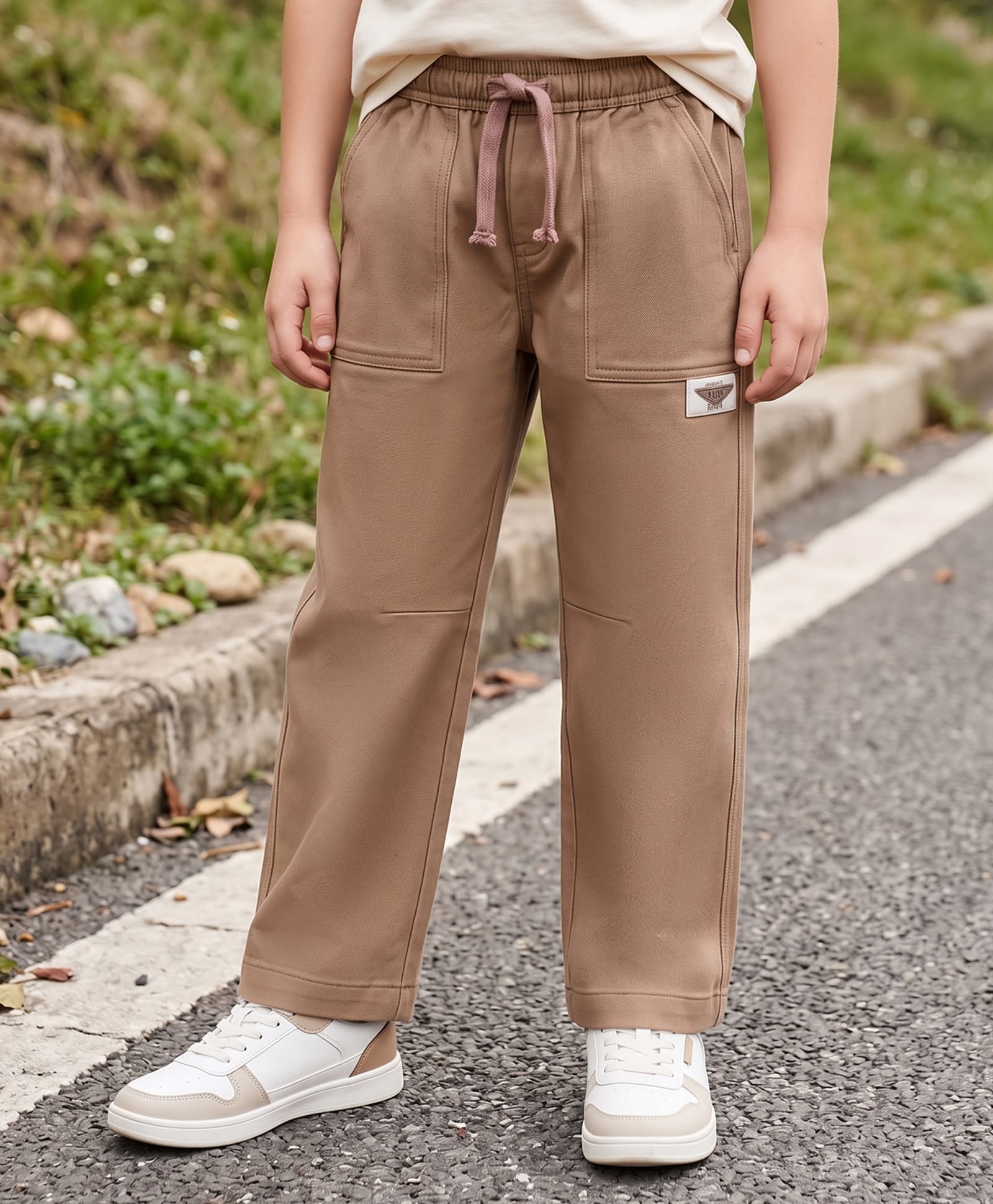 Kookie Kids Twill Woven Full Length Cargo Pant With Text Badge - Brown-image-49