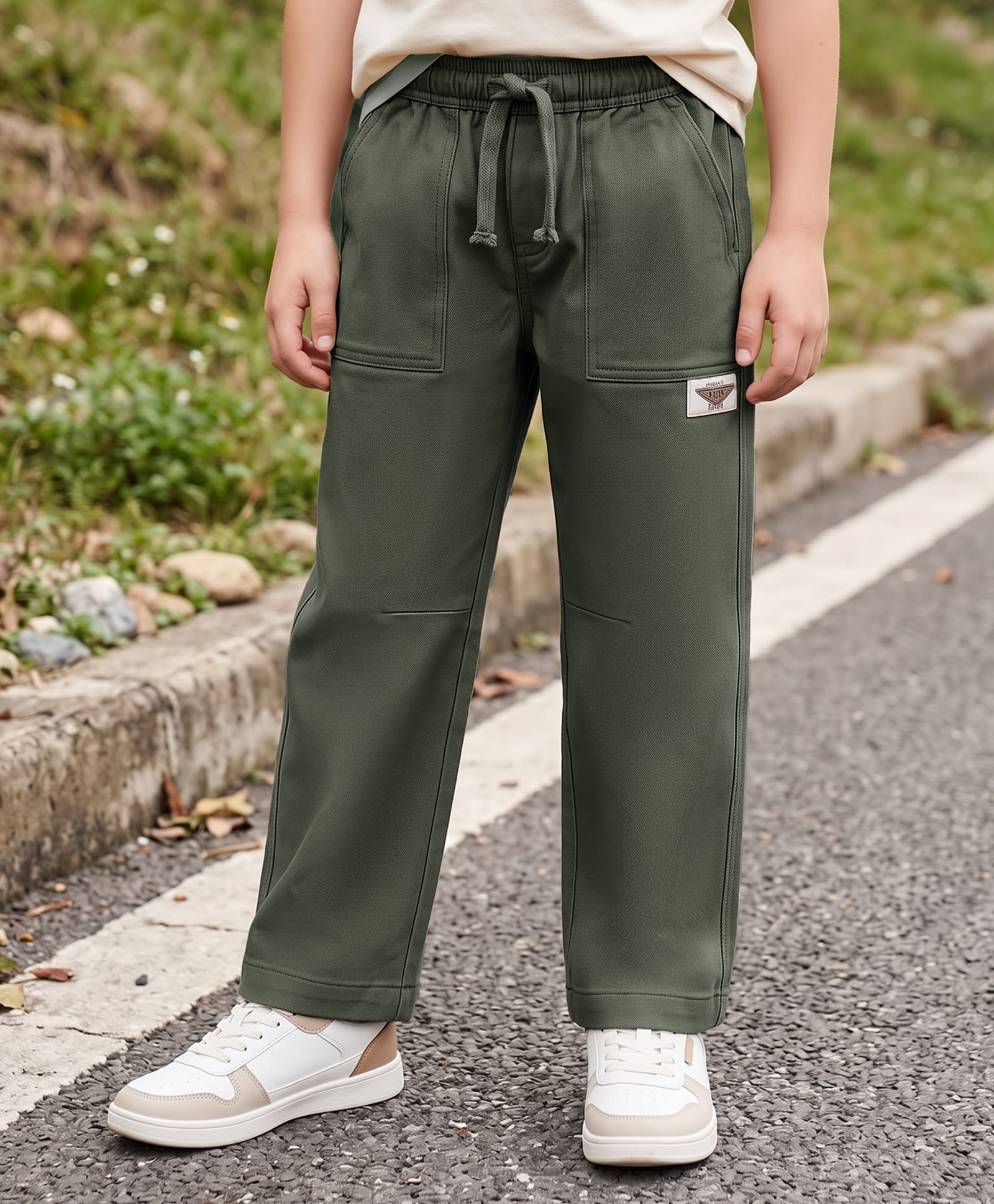 Kookie Kids India Twill Woven Full Length Cargo Pant With Text Badge - Olive Green-image-29
