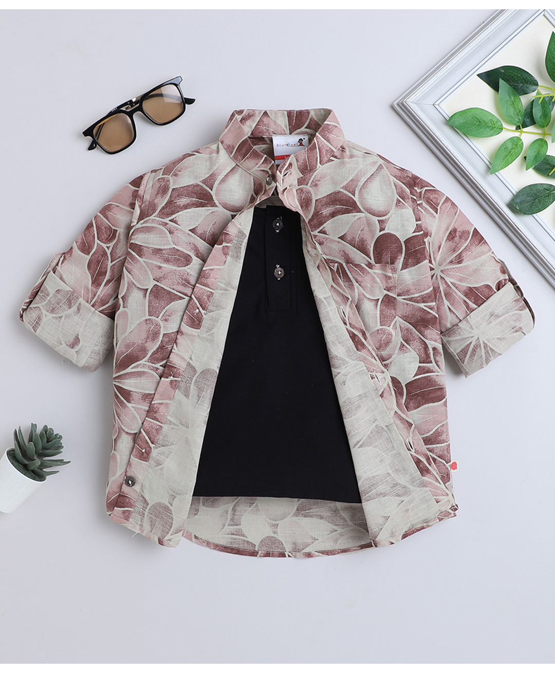 BAATCHEET Cotton Woven Full Sleeves Floral Printed Shirt Attached Tee - Rust-picture-12