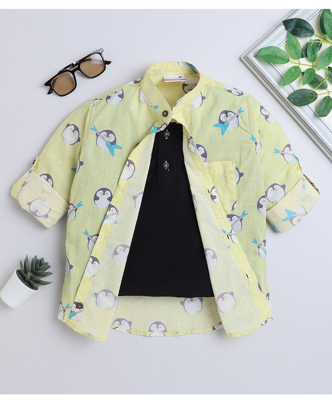 BAATCHEET Cotton Full Sleeves Penguin Playing Guitar Printed Shirt Attached Tee - Yellow-image-41