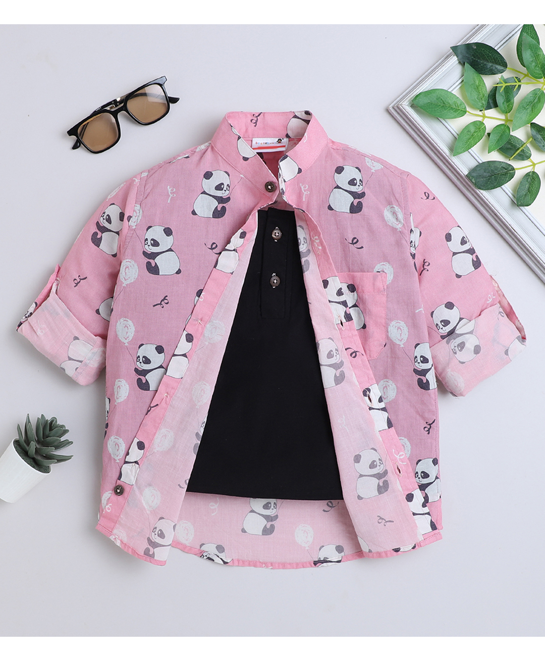 BAATCHEET Cotton Full Sleeves Penguin Playing Guitar Printed Shirt Attached Tee - Pink-picture-20