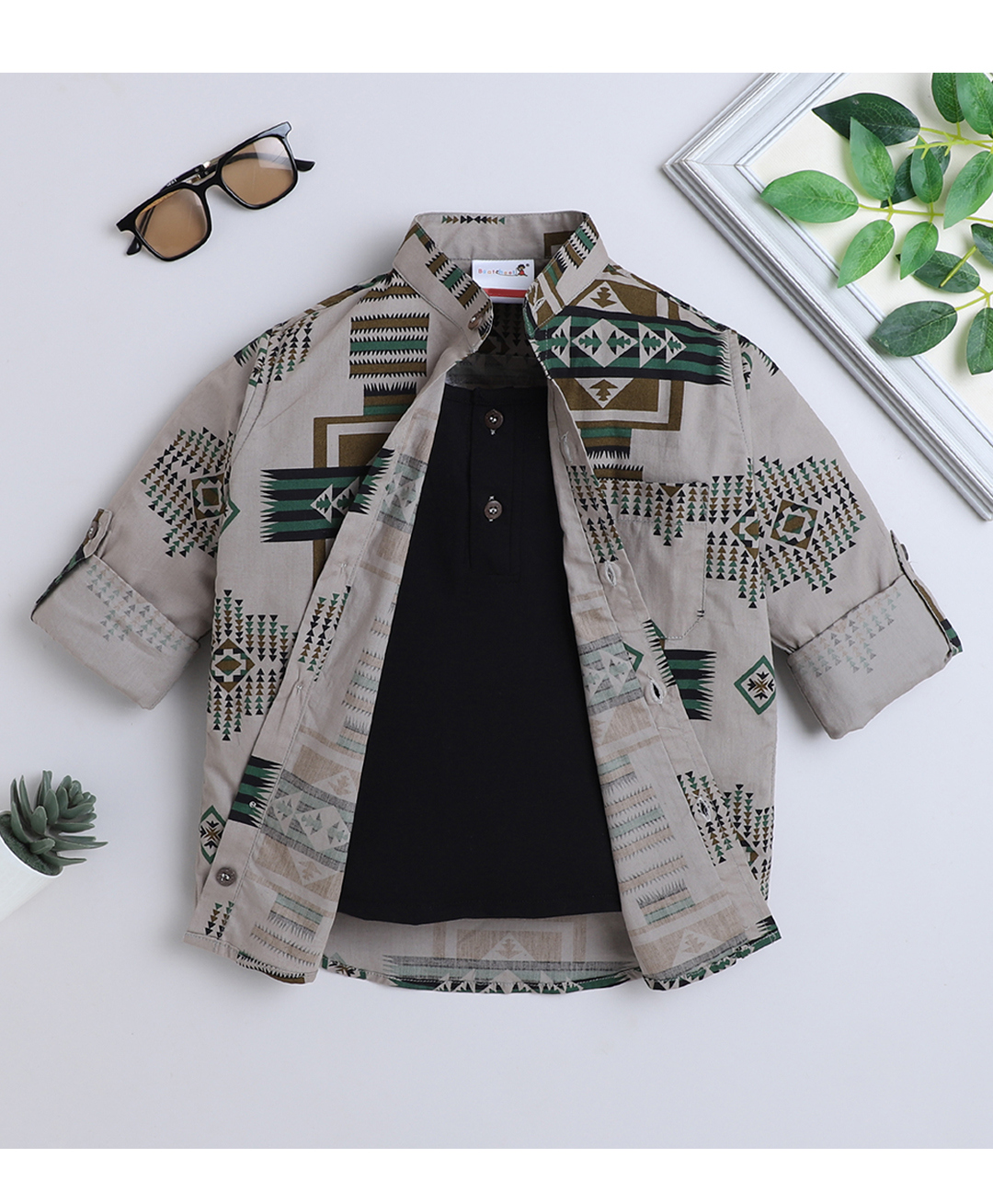 BAATCHEET Cotton Woven Full Sleeves Abstract Printed Shirt With Attached Tee - Brown-picture-38