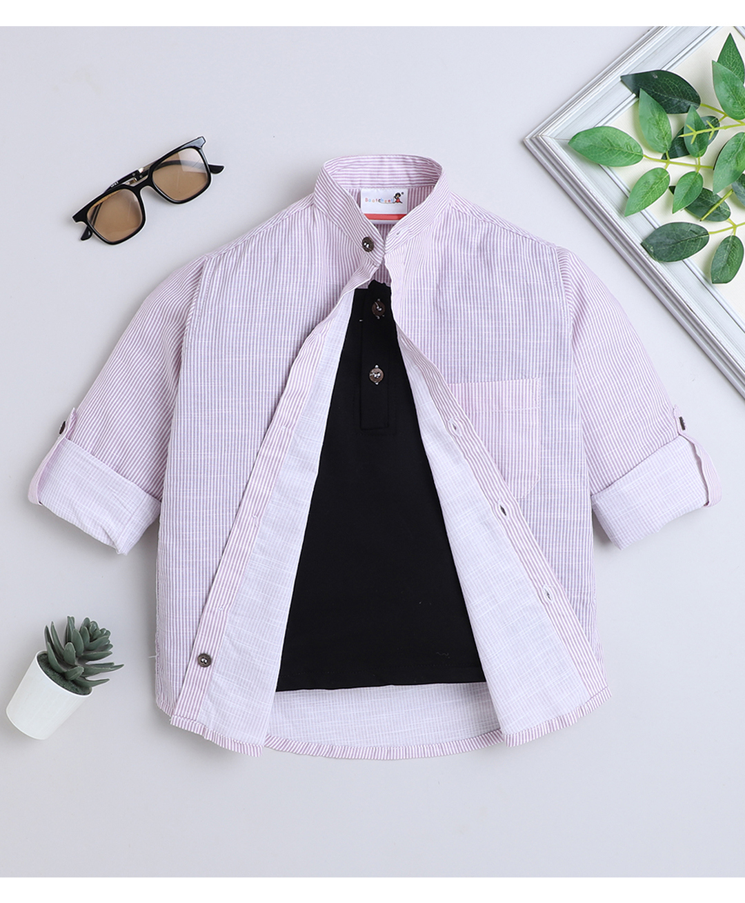 BAATCHEET Cotton Woven Full Sleeves Striped Shirt Attached Tee - Pink-picture-30
