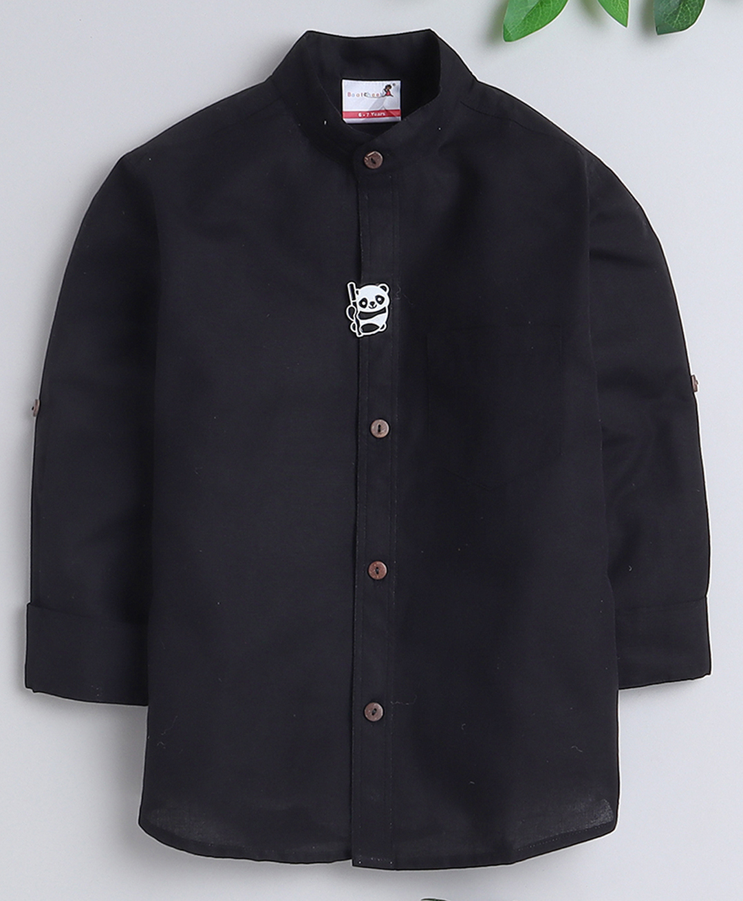 BAATCHEET Cotton Woven Full Sleeves Solid Shirt With Panda Brooch Set - Black-picture-37