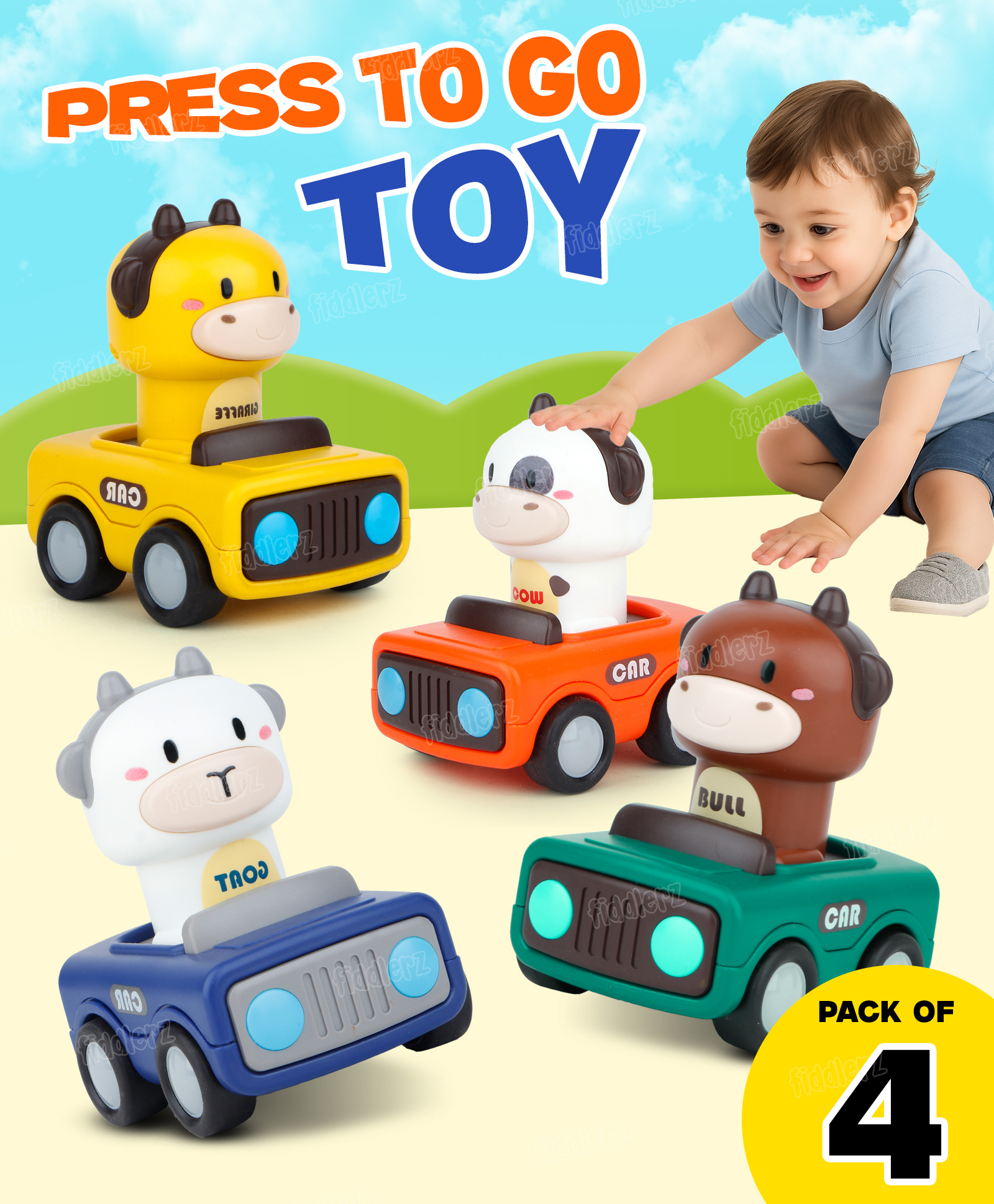 Fiddlerz Press and Go Inertia Car Toy Set for Kids Cartoon Animal Push & Go Cars Friction Powered Vehicles Educational Toys for Boys & Girls Age 3+ (Pack of 4)-image-46