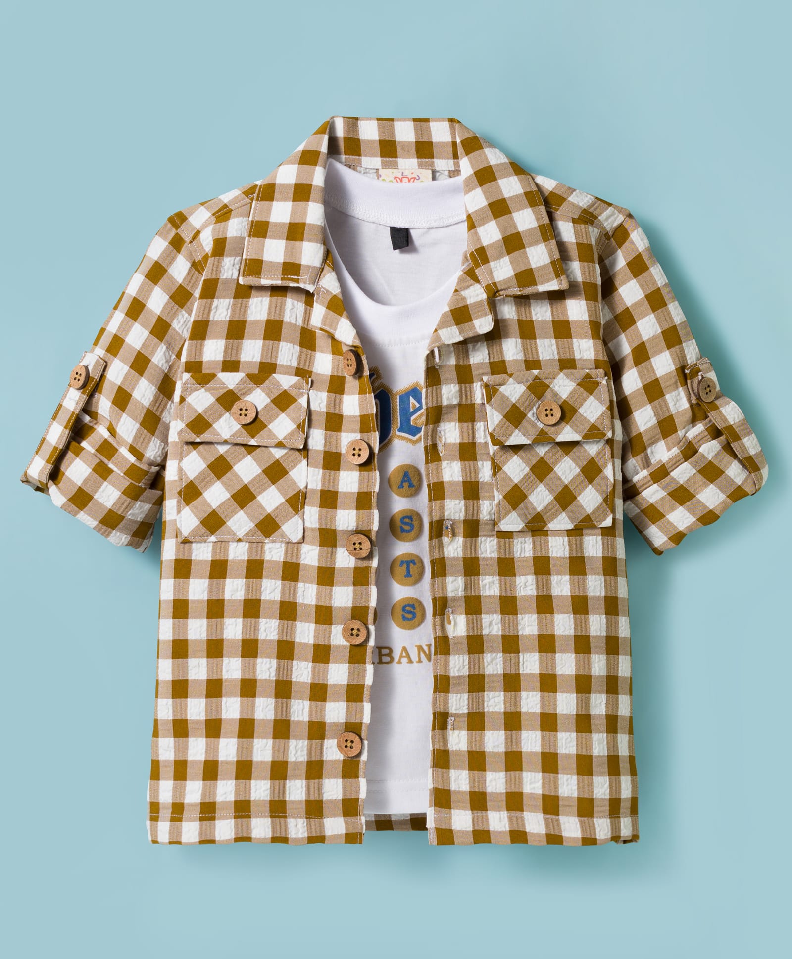 Rikidoos Full Sleeves Checked Shirt With Tee - Khaki & White-picture-4