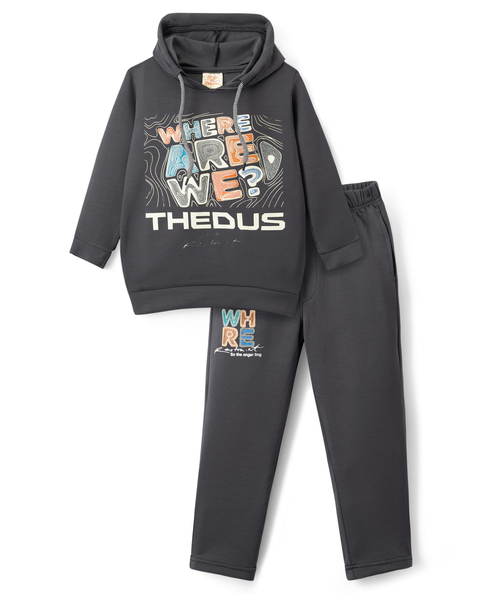 Rikidoos Full Sleeves Where Are We Text Printed Light Winter Hooded Sweatshirt & Jogger Set - Dark Grey-image-35