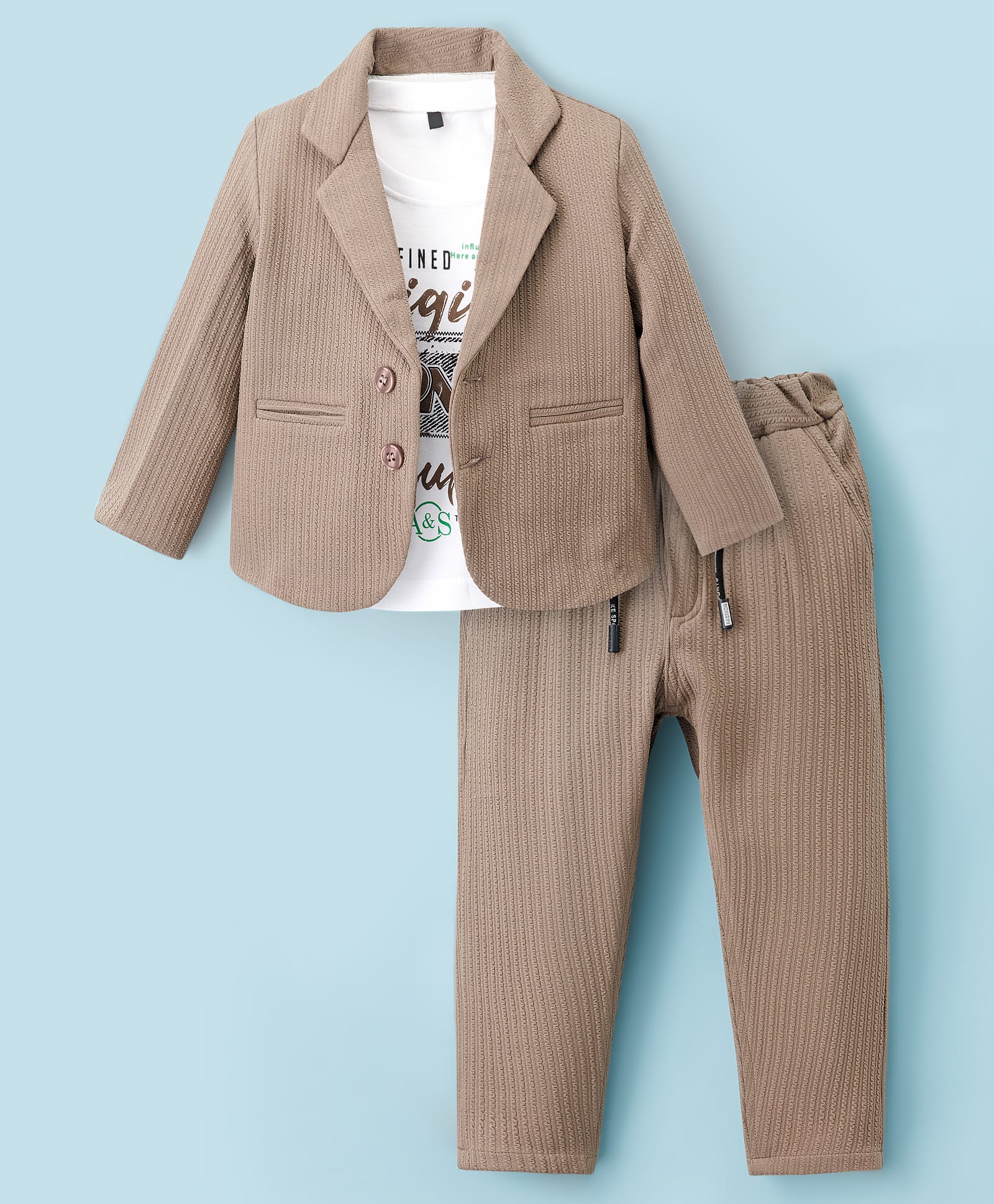 Rikidoos Full Sleeves Textured Blazer With Tee & Pant Set - Light Fawn & White-picture-11