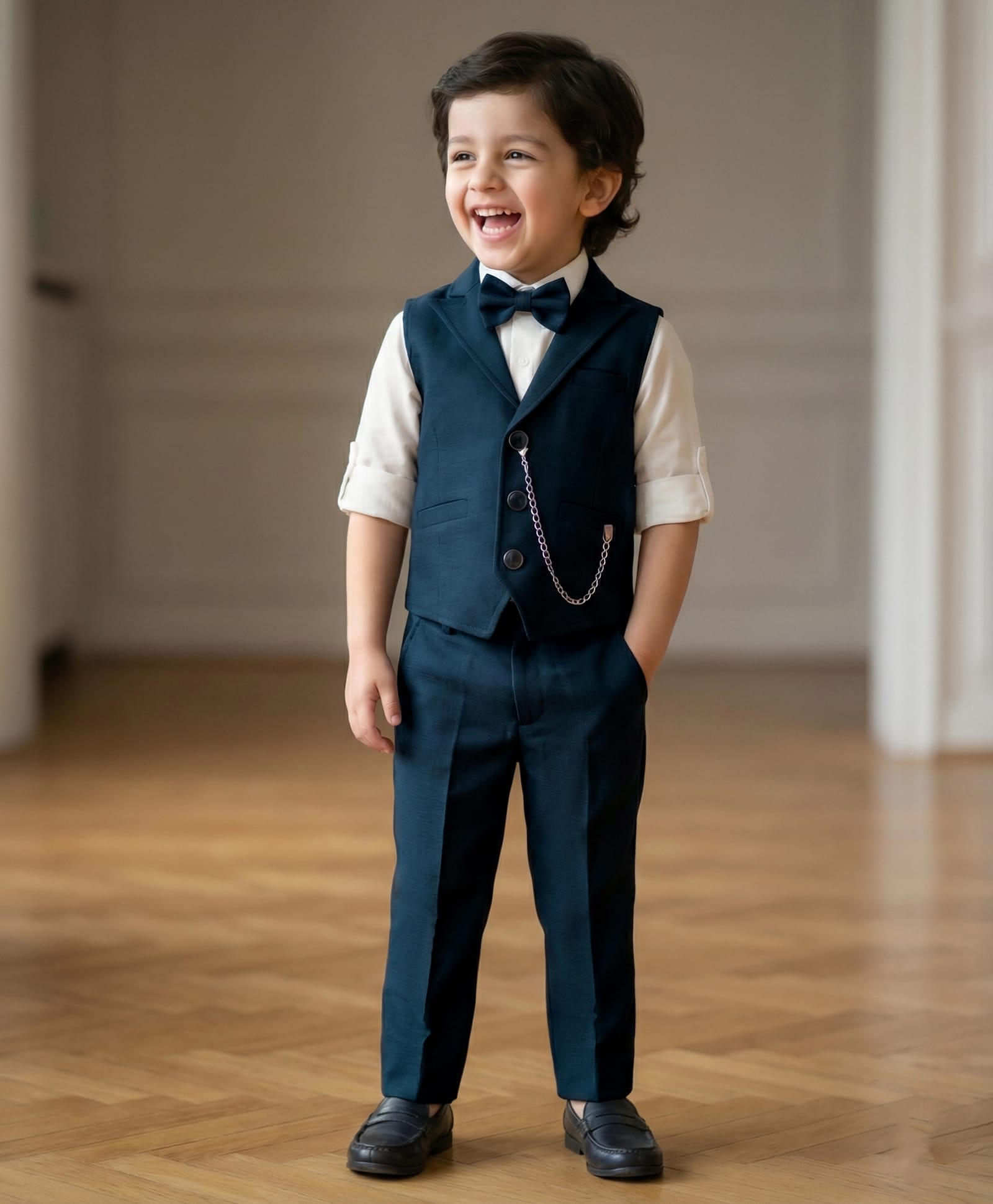 Rikidoos Full Sleeves Chain Detailed 3 Piece Party Suit Set With Bow - Peacock & White