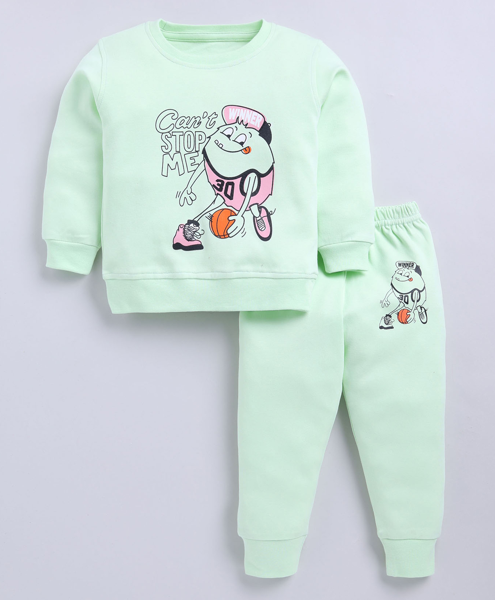 CUTOPIES Cotton Knit Full Sleeves Cant Stop Me Text Printed Light Winter Sweatshirt & Joggers Set - Lime Green-picture-20