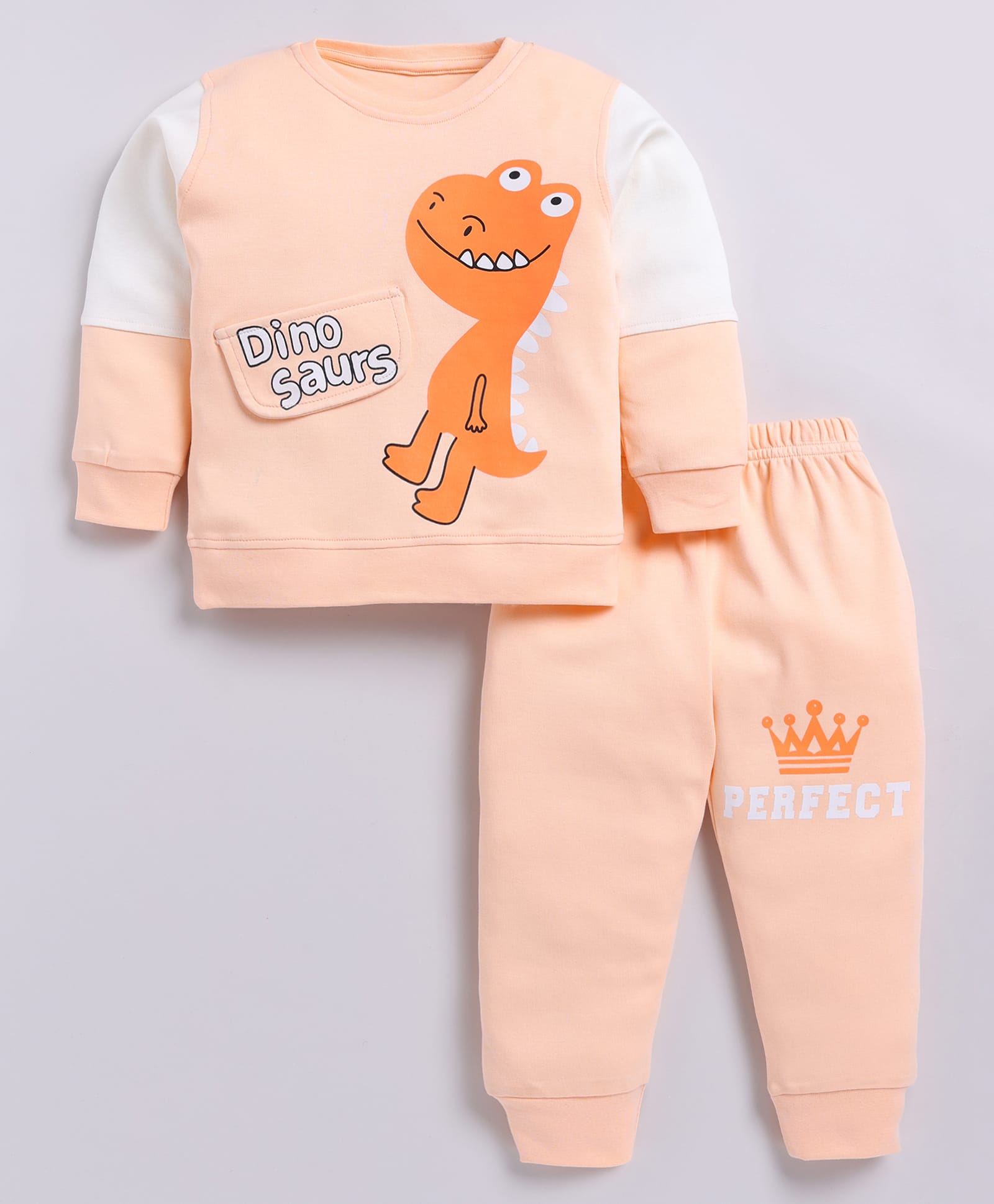 CUTOPIES Cotton Knit Full Sleeves Dinosaur Printed Light Winter Sweatshirt & Joggers Set - Peach-picture-21