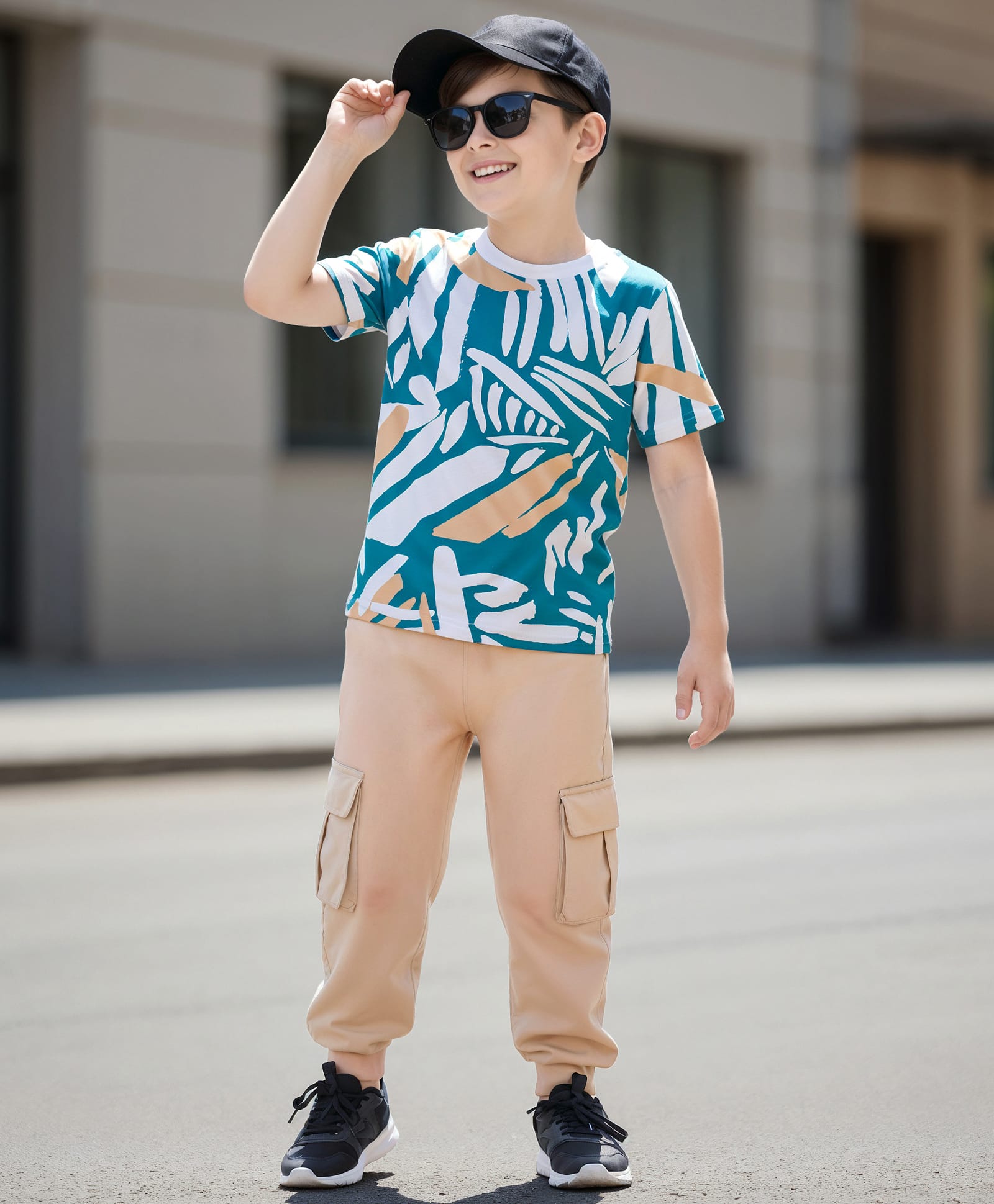 OLLINGTON ST. 100% Cotton Knit Half Sleeves Printed T-Shirt & Jogger Set - Multicolor & Beige-picture-14