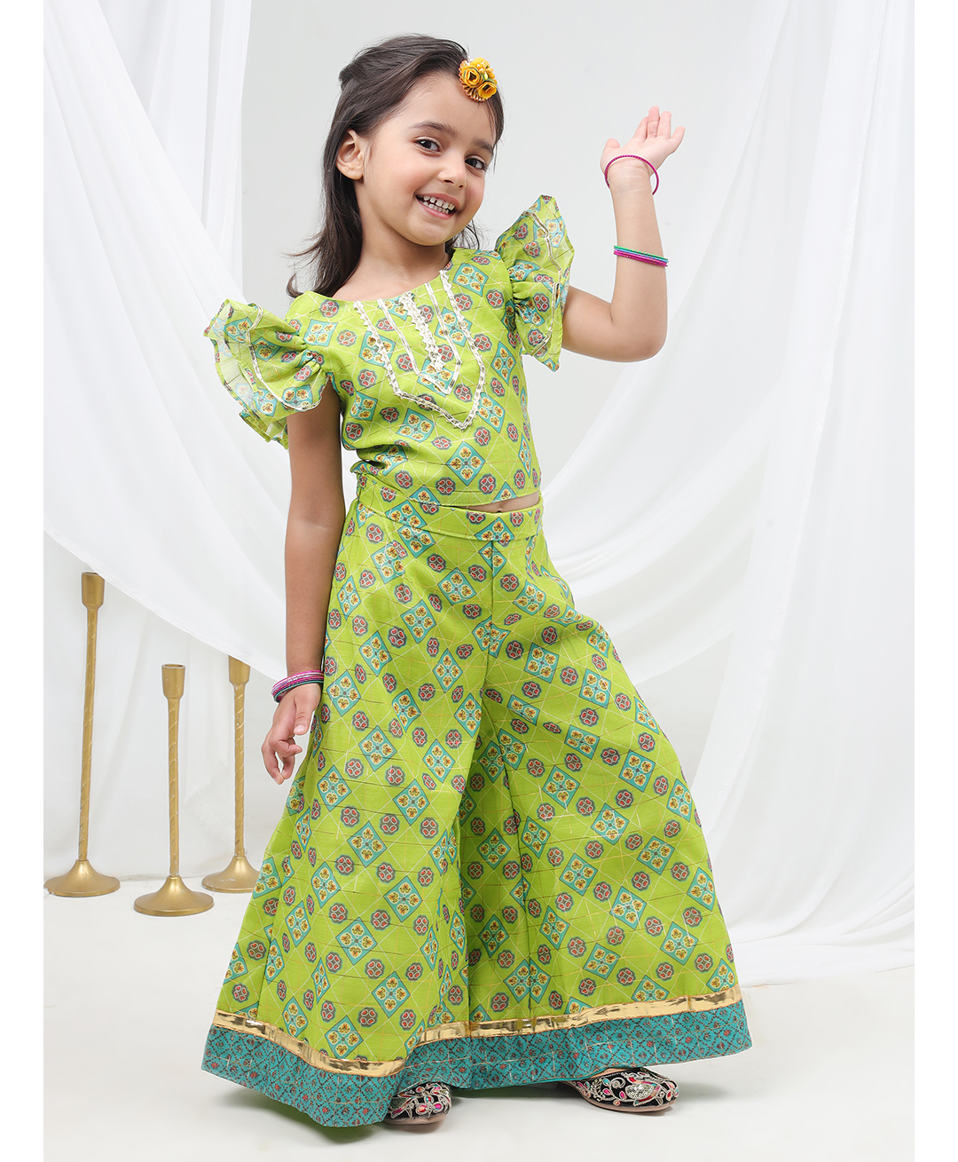 Lil' Drama Knit Frill Sleeves Geometric Printed & Gota Lace Embellished Crop Top & Palazzo Set - Green-picture-19