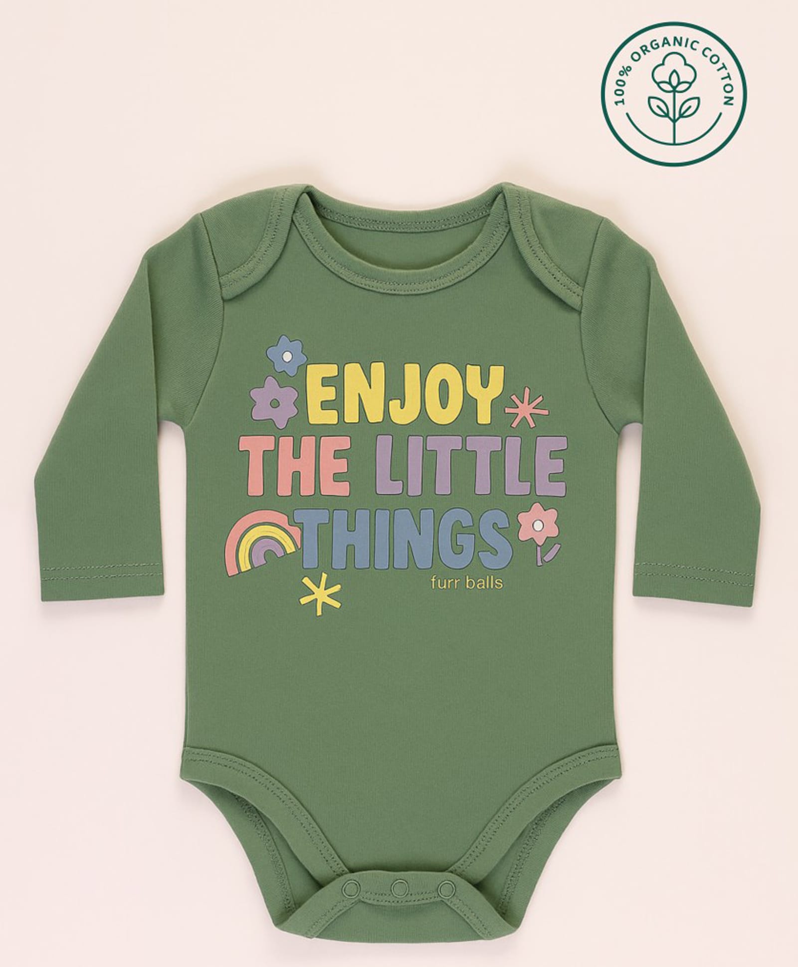 furr balls Organic Cotton Knit Full Sleeves Enjoy The Little Things Text Printed Onesie - Green-image-3