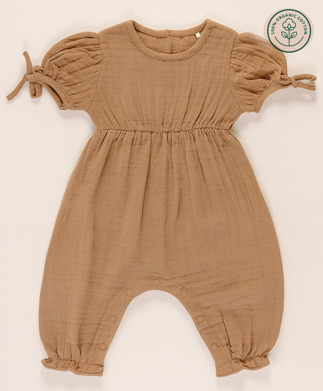 furr balls 100% Organic Cotton Woven Half Puffed Sleeves Solid Jumpsuit - Brown-image-9