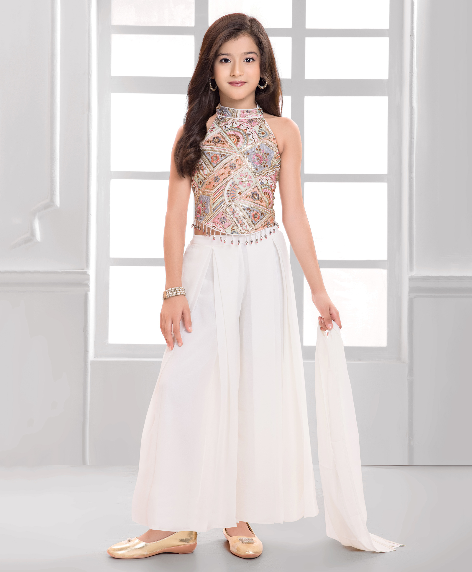 Ministitch Cotton Silk Woven Sleeveless Floral Embroidered & Sequins Embellished Crop Top & Palazzo With Dupatta Set - Off White-picture-15