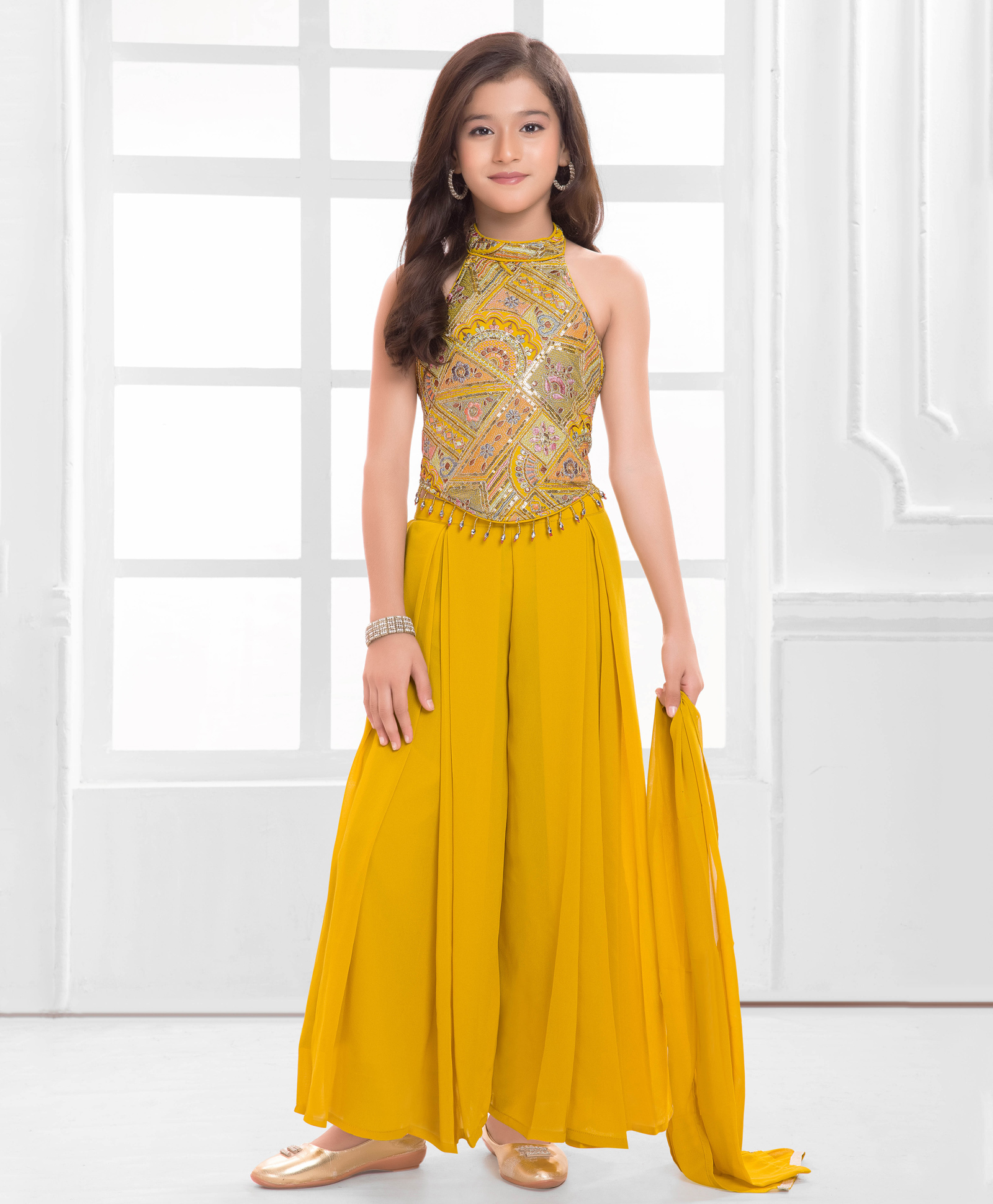 Ministitch Cotton Silk Woven Sleeveless Floral Embroidered & Sequins Embellished Crop Top & Palazzo With Dupatta Set - Yellow-picture-27