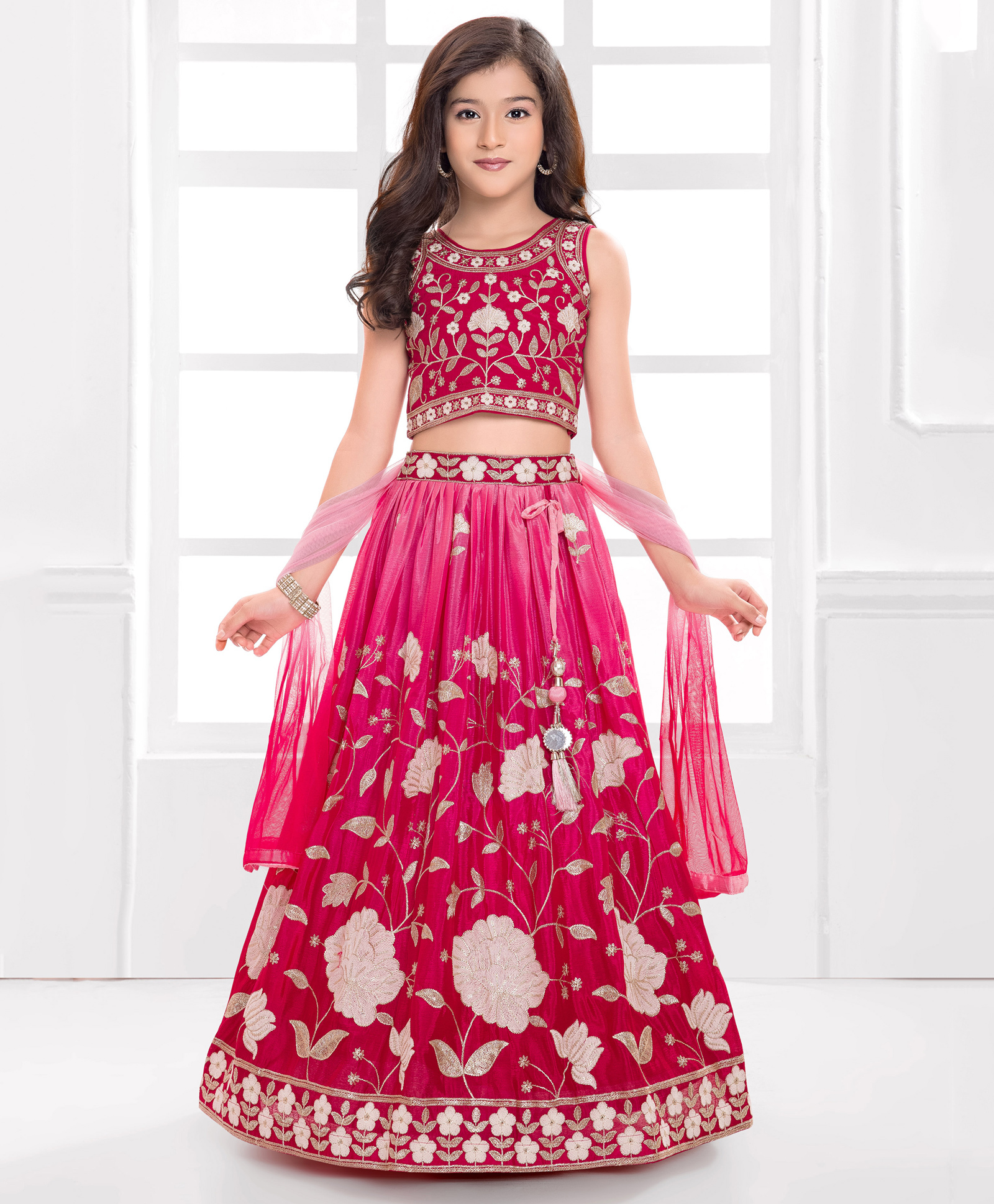 Ministitch Cotton Silk Woven Sleeveless Floral Embroidered & Sequins Embellished Lehenga Choli With Dupatta Set - Pink-picture-11