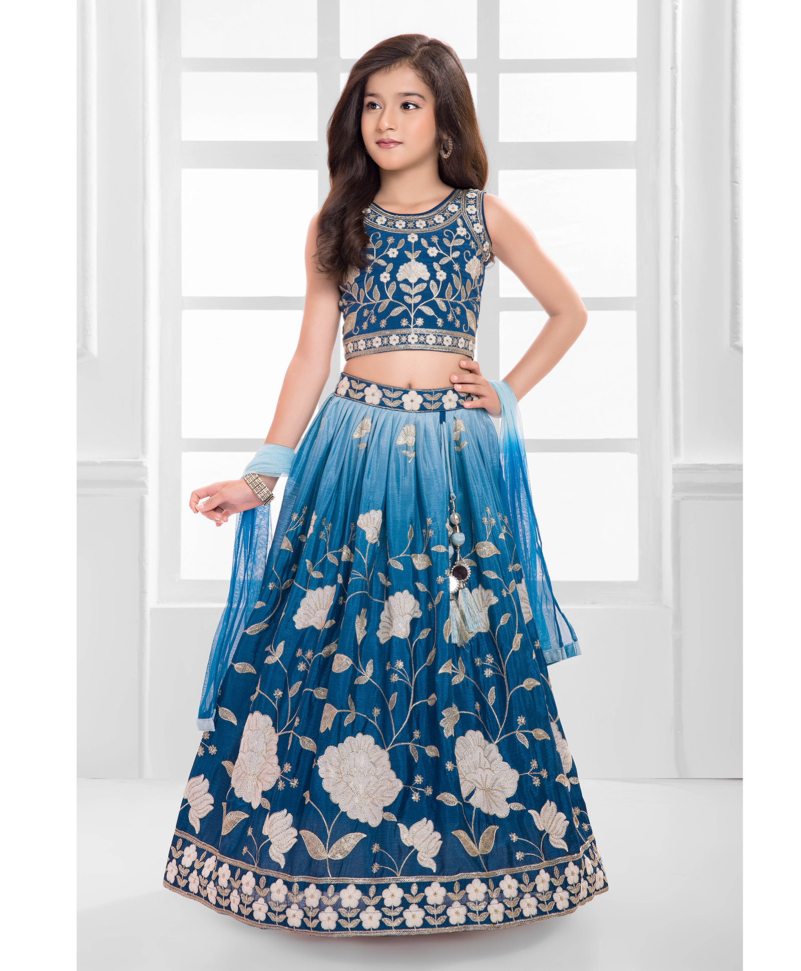Ministitch Cotton Silk Woven Sleeveless Floral Embroidered & Sequins Embellished Lehenga Choli With Dupatta Set - Blue-picture-12
