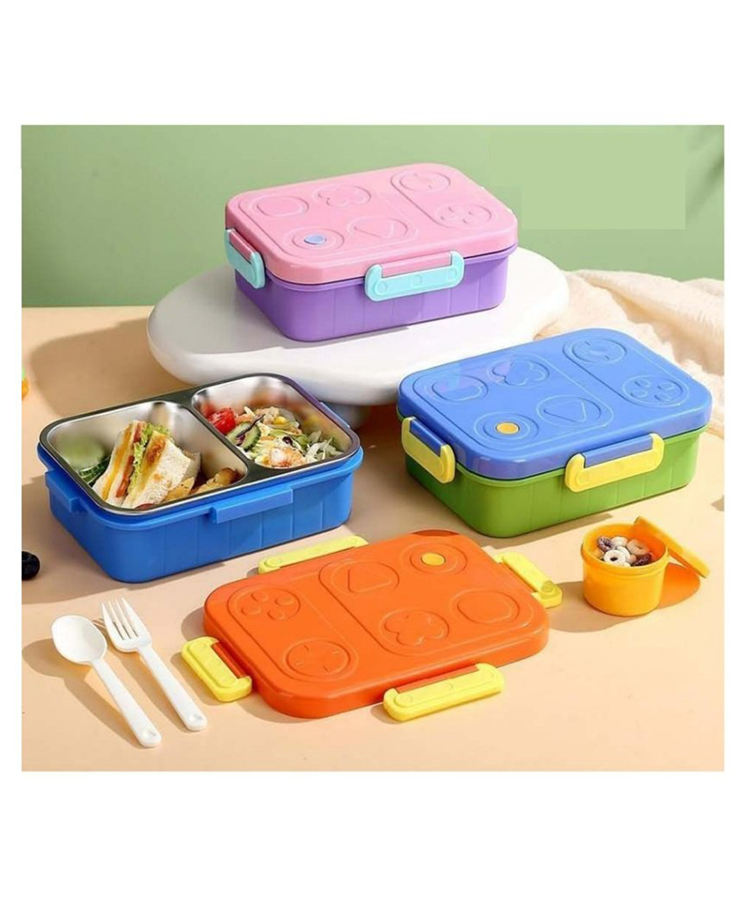 Sanjary 2 compartment stainless steel lunch box with bowl and spoon frok color design may vary-image-15