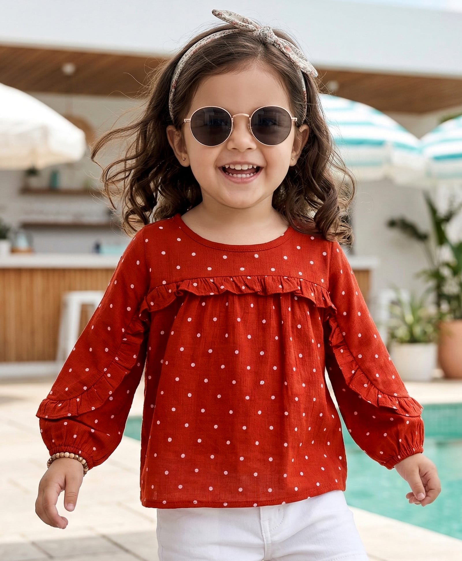 Babyhug 100% Cotton Woven Top with Polka Dot & Frill Detailing- Rust Orange-image-47