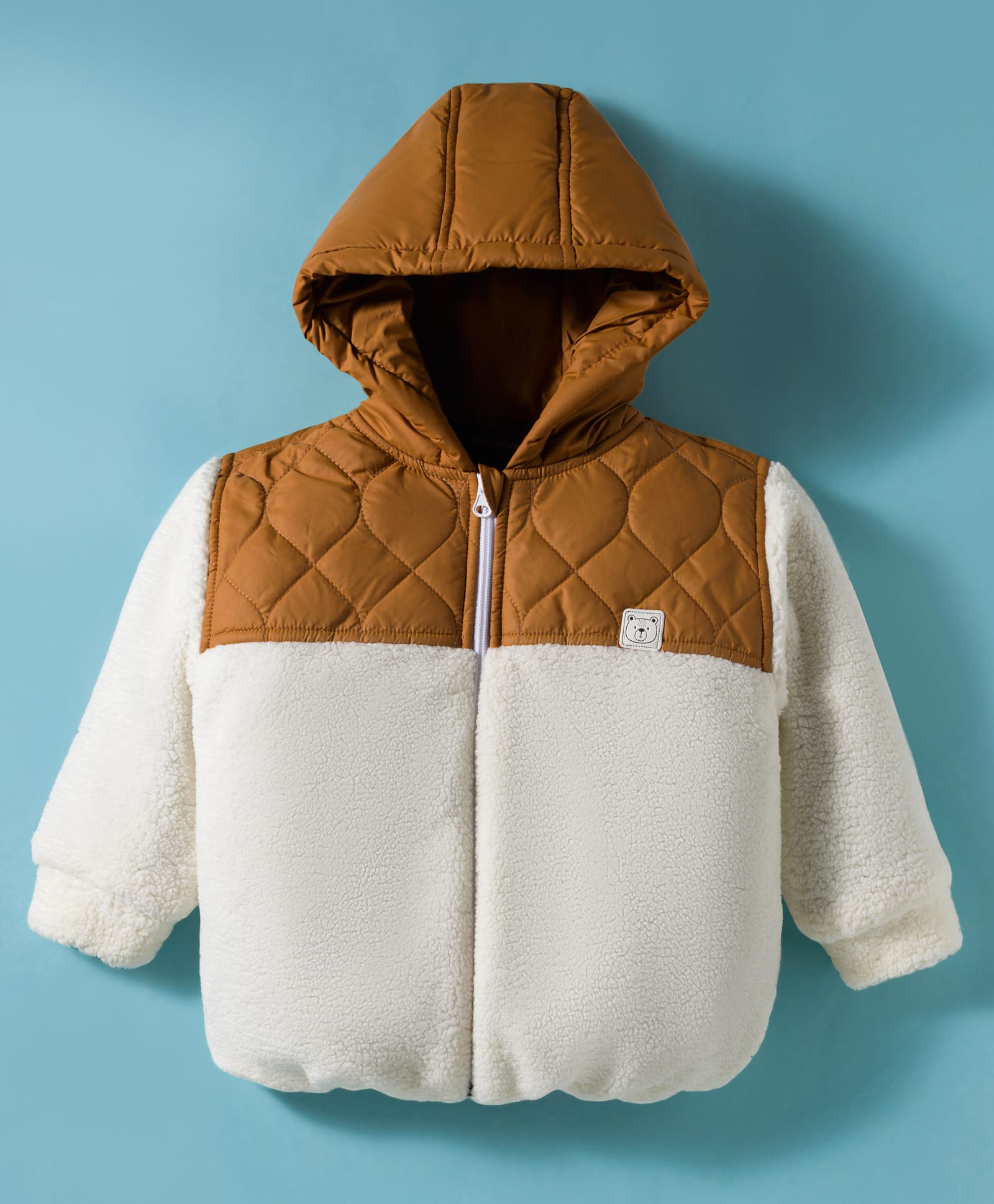 Little Kangaroos Fleece Knit Full Sleeves Solid Hooded Quilted Jacket - Off White-image-0