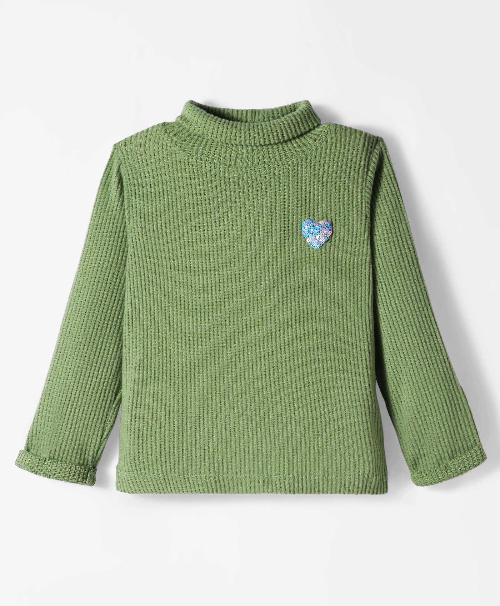 Little Kangaroos Fleece Knit Full Sleeves Winter T-Shirt with Sequined Heart Design - Light Green-picture-27