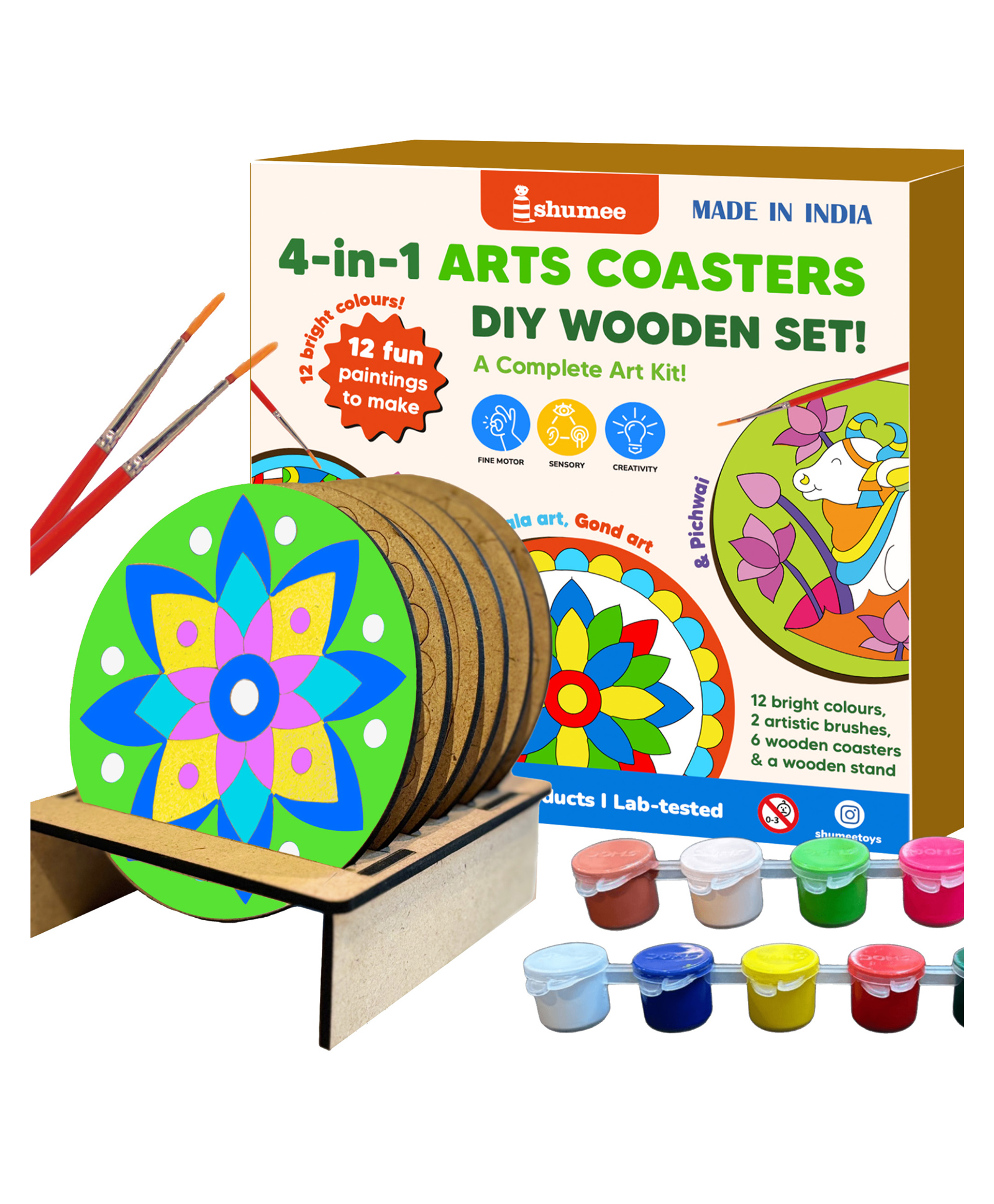 Shumee Craft DIY Coaster Painting Art Kit with 6 Double-Sided Wooden Coasters, Paints & Brushes - Mandala Art-image-3