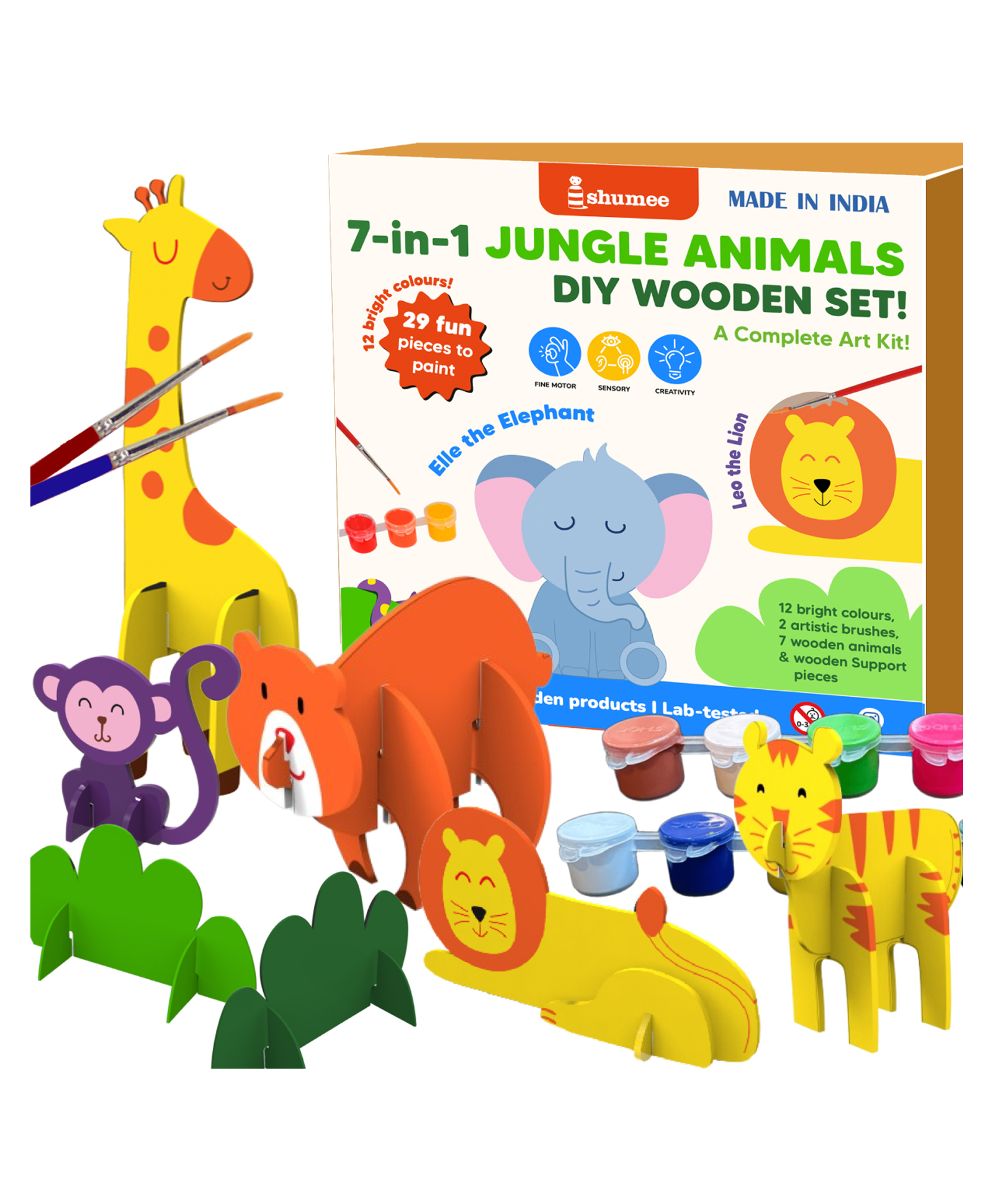 Shumee 3D Wooden Animal Art & Craft Kit with 7 Jungle Animals, Paints & Brush-image-41