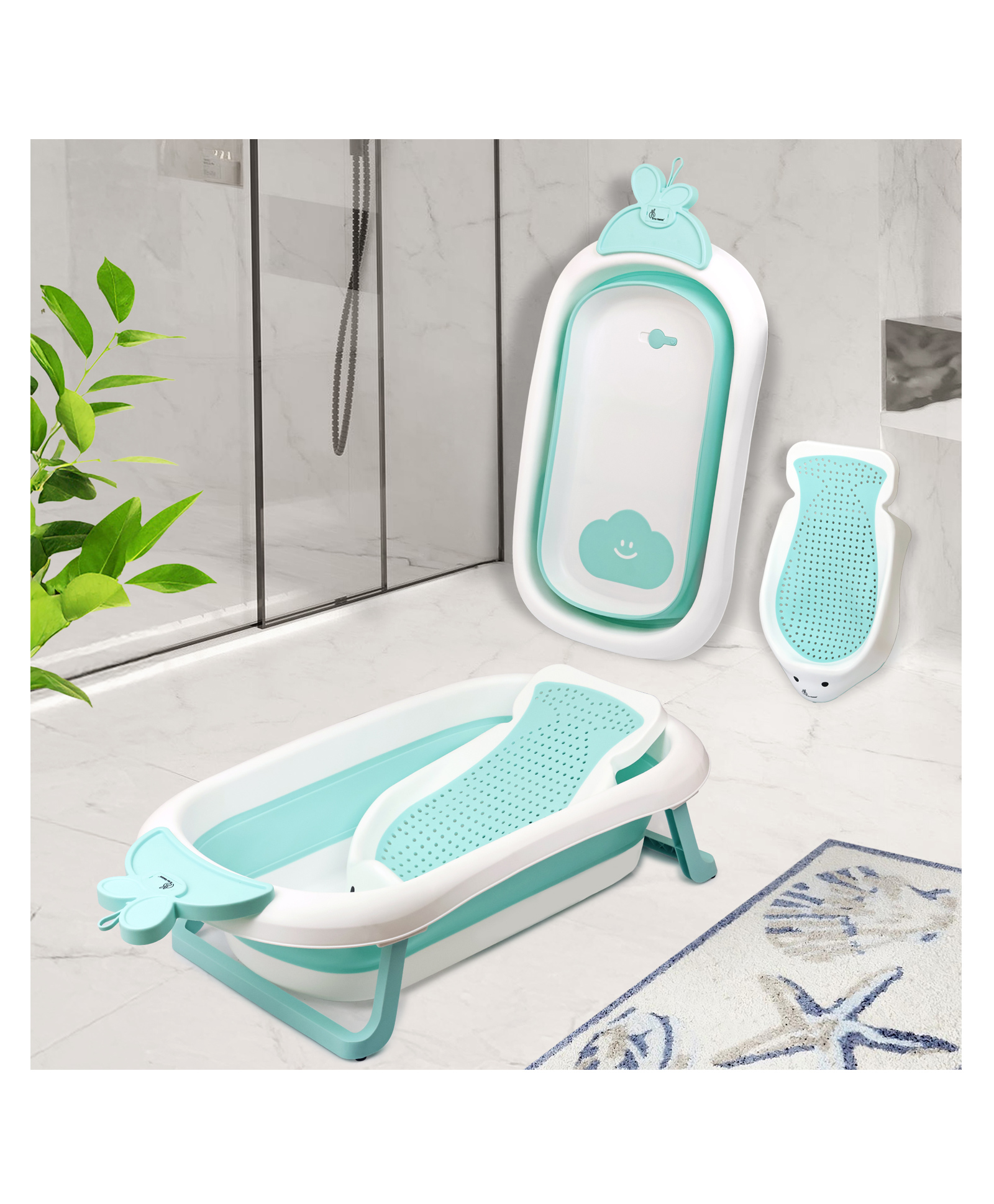 R for Rabbit Bubble Double Bunny Bath Tub Convertible Safe Ergonomic Detachable TPE Sling Foldable Travel-Friendly - Aqua Blue-image-30