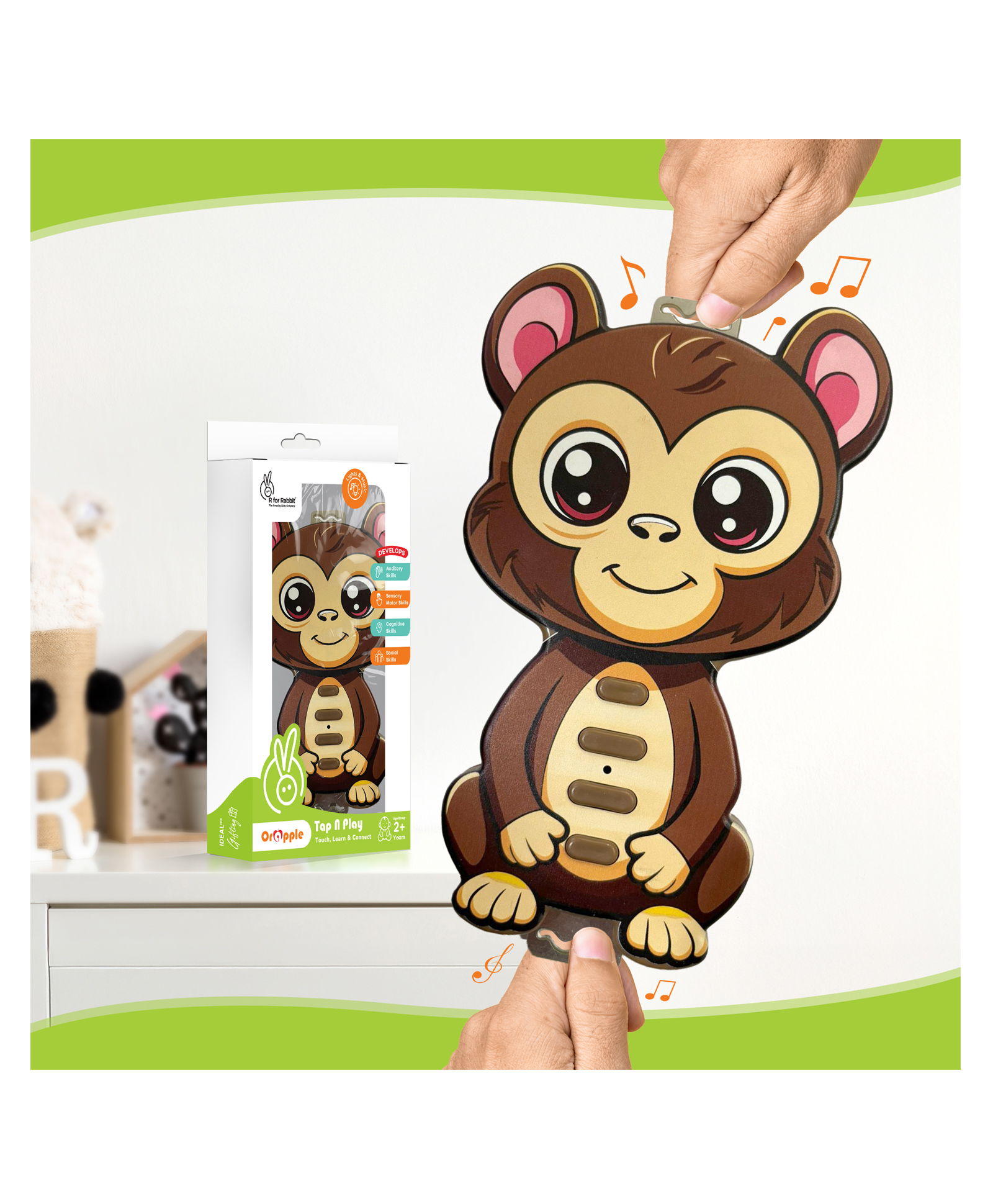 R for Rabbit Orapple Tap N Play Monkey Musical Toy with Four Learning Modes, Multi-Player Option & Smart Auto Shut-Off for Kids - Brown-image-25