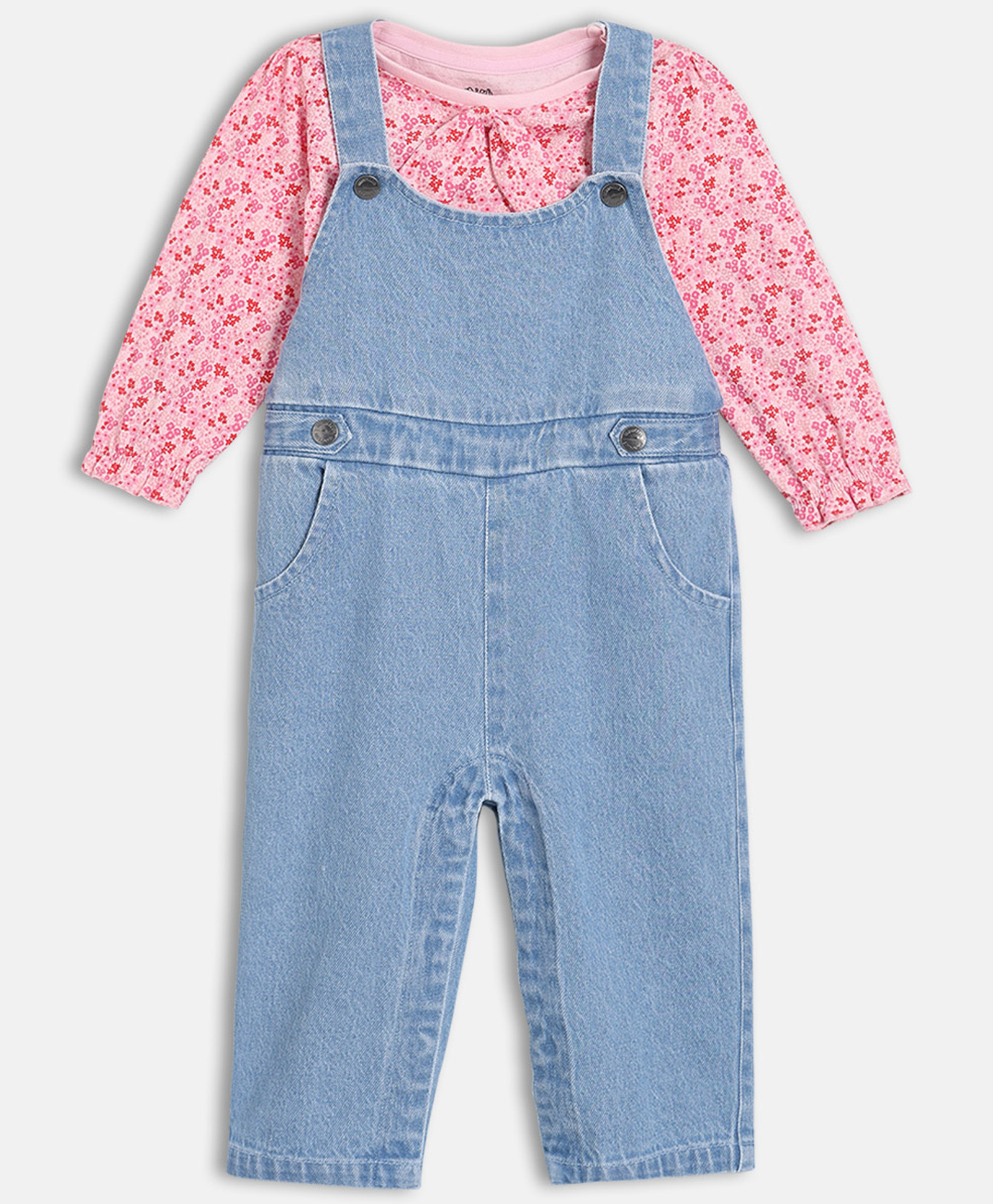 MINI KLUB Cotton Woven Solid Dungaree With Full Sleeves Floral Printed Tee Set - Pink & Blue-picture-22