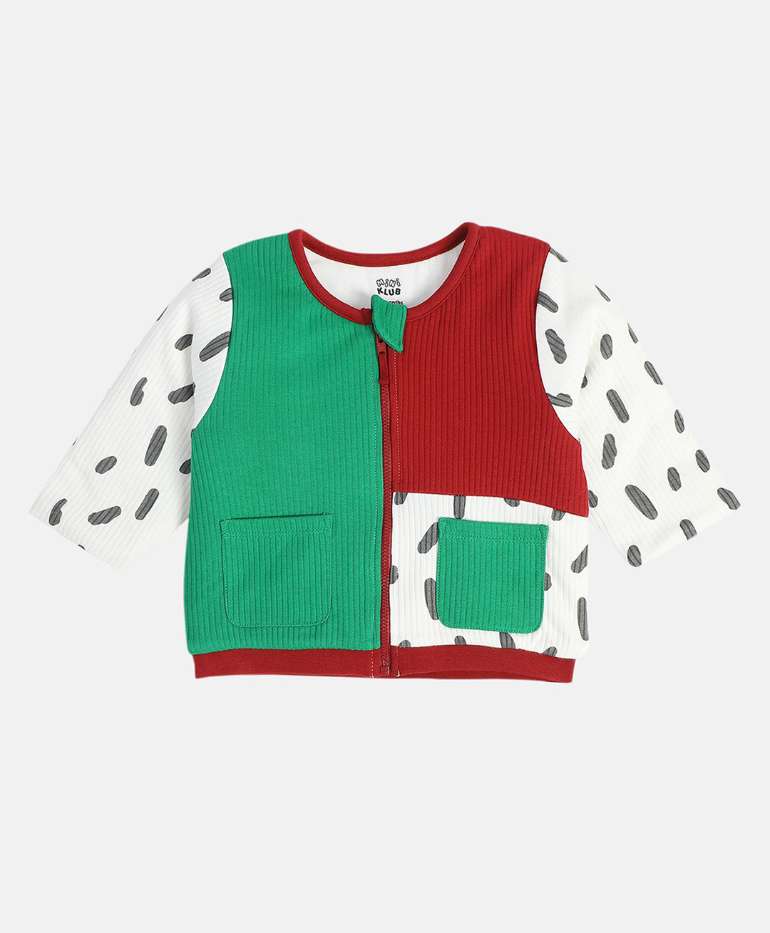 MINI KLUB Cotton Blend Knit Full Sleeves Colour Blocked Light Winter Jacket - White & Green-picture-35