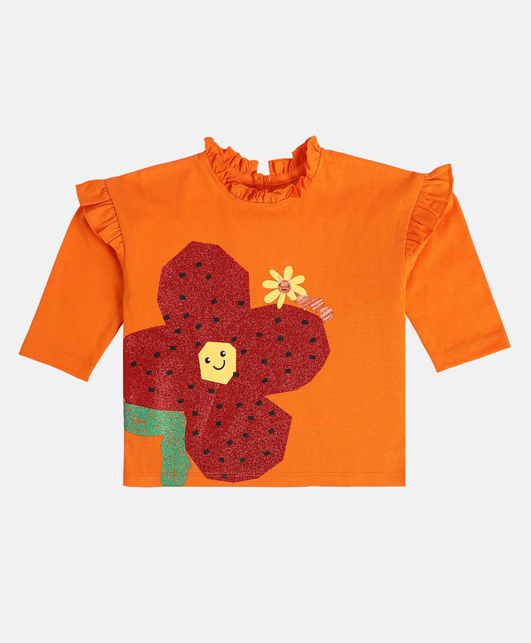 MINI KLUB Cotton Knit Full Sleeves Floral Shimmer Printed Top - Orange-picture-33