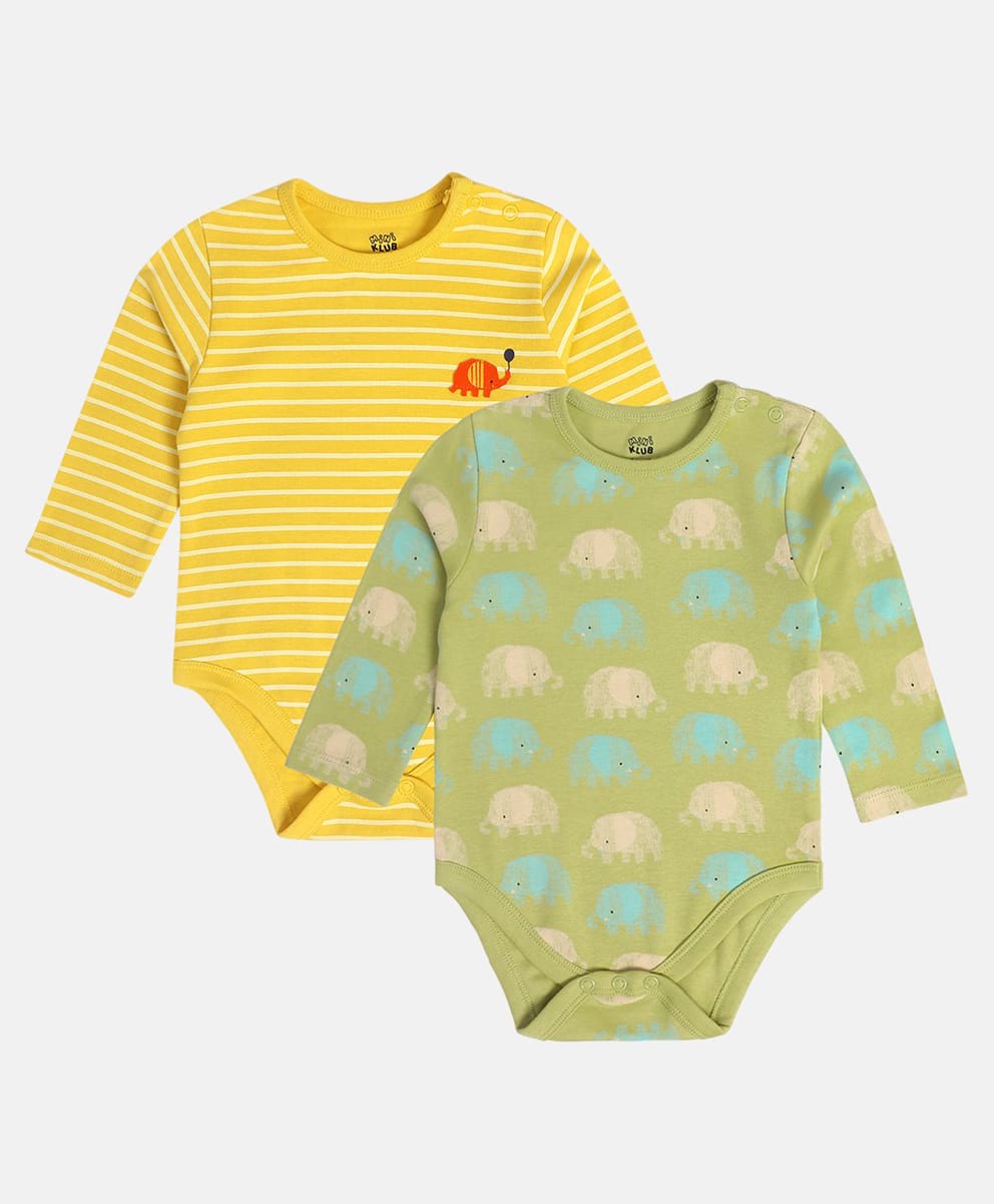 MINI KLUB Cotton Knit Pack Of 2 Full Sleeves Elephant Printed & Striped Onesies - Olive Green & Mustard-image-36