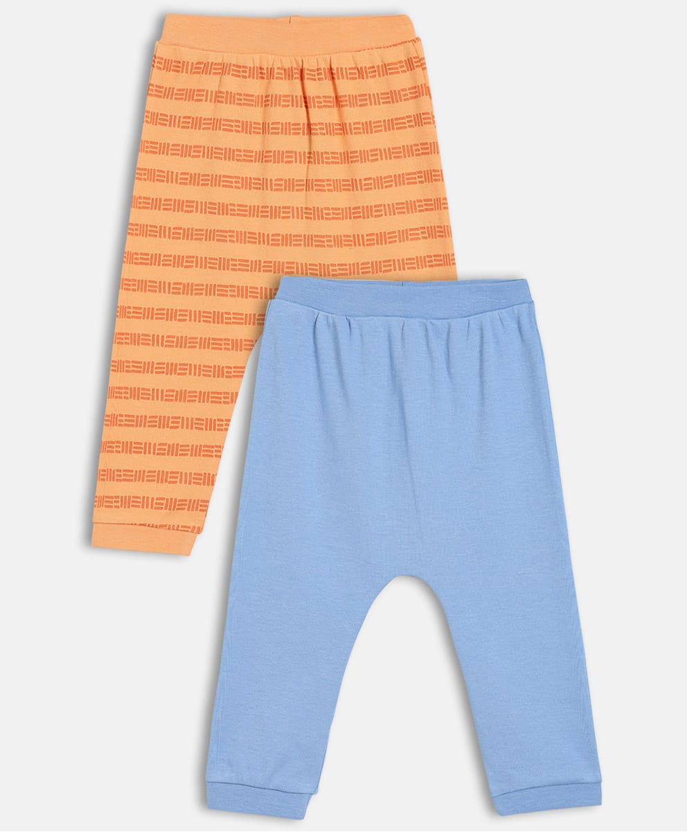 MINI KLUB Cotton Knit Pack Of 2 Abstract Printed & Solid Pajamas - Orange & Blue-picture-18