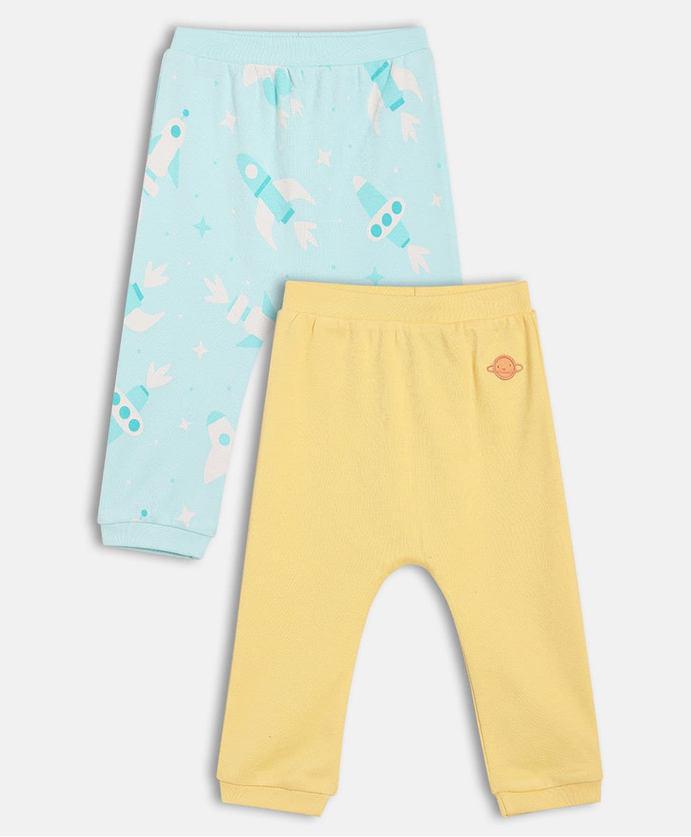 MINI KLUB Cotton Knit Pack Of 2 Space Theme Printed & Solid Pajamas - Yellow & Blue-picture-17