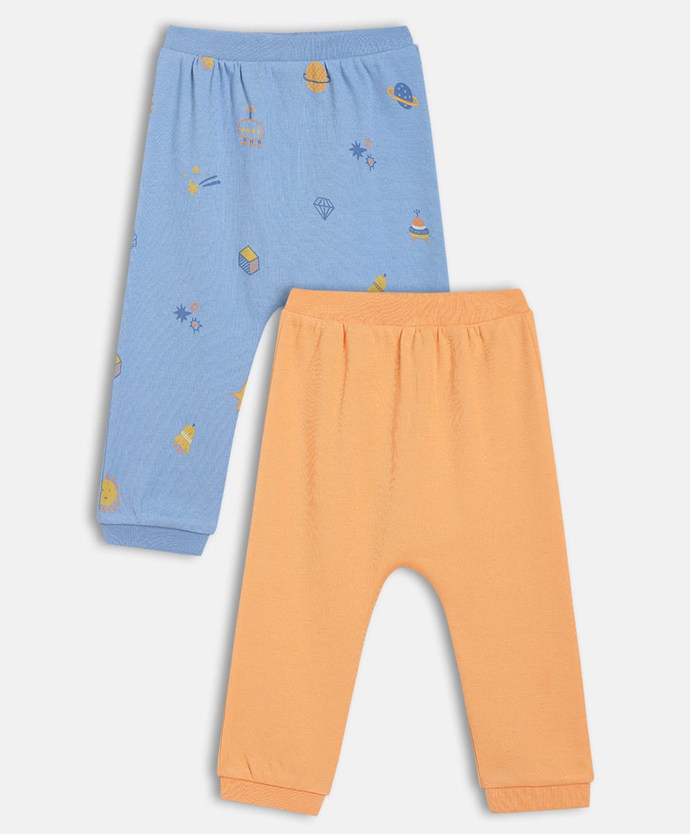 MINI KLUB Cotton Knit Pack Of 2 Space Theme Printed & Solid Pajamas - Peach & Blue-picture-41