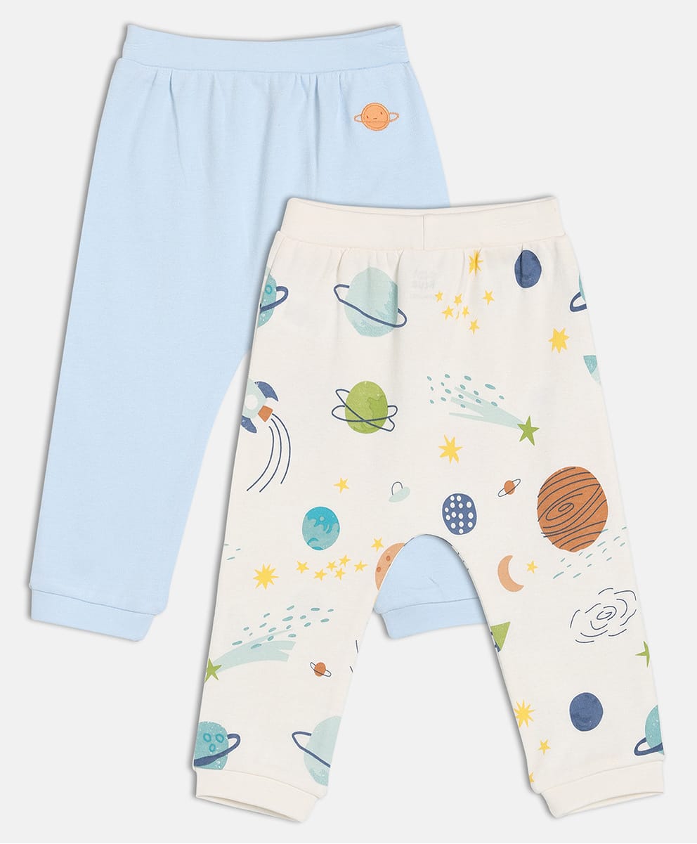 MINI KLUB Cotton Knit Pack Of 2 Space Theme Printed & Solid Pajamas - Blue & Off White-picture-42