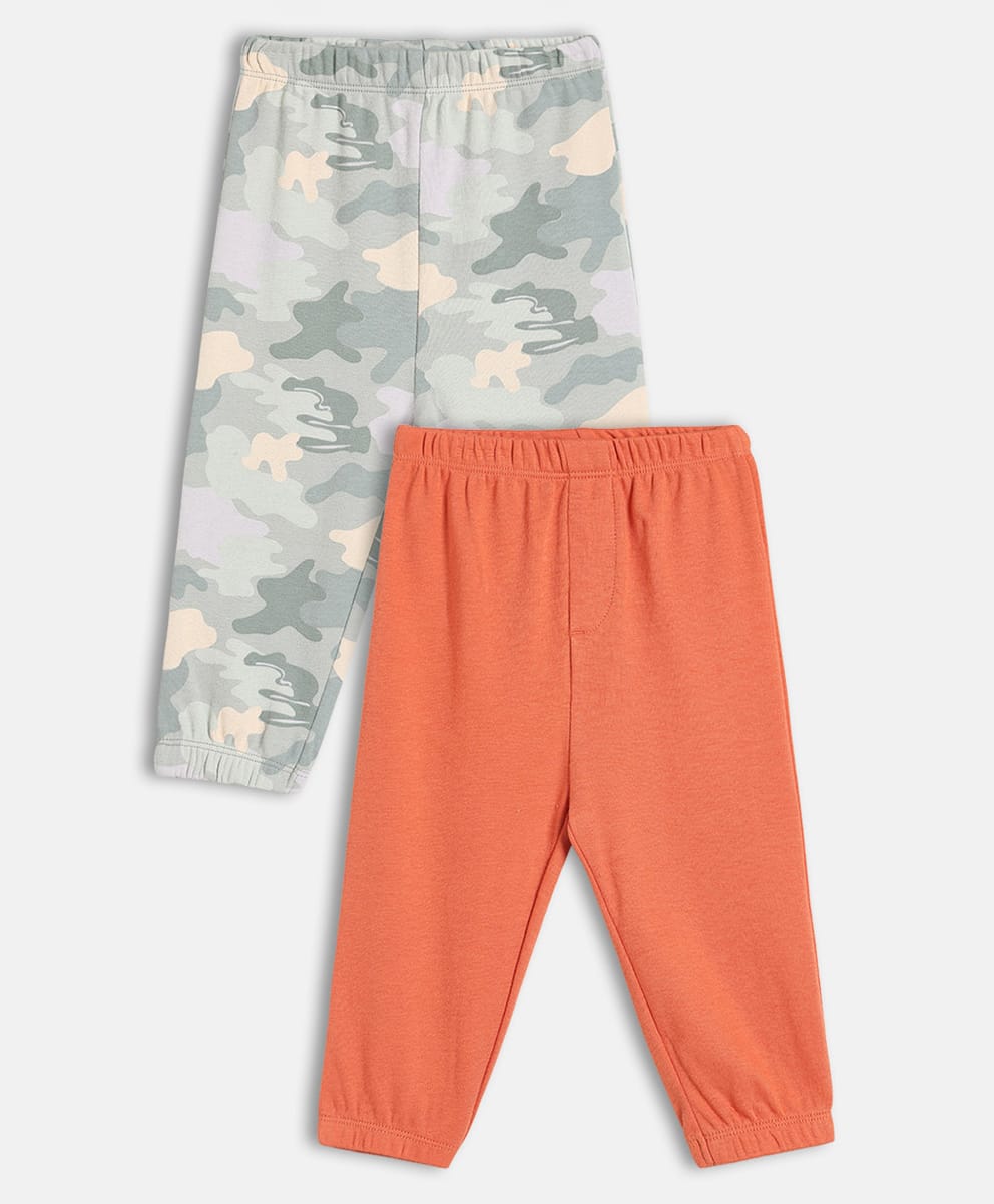 MINI KLUB Cotton Knit Pack Of 2 Solid & Camouflage Printed Pajamas - Grey & Orange-image-15