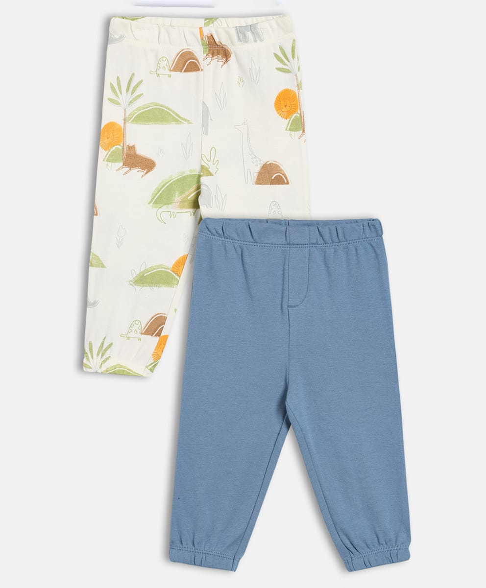 MINI KLUB Cotton Knit Pack Of 2 Solid & Jungle Theme Printed Pajamas - White & Blue-picture-29
