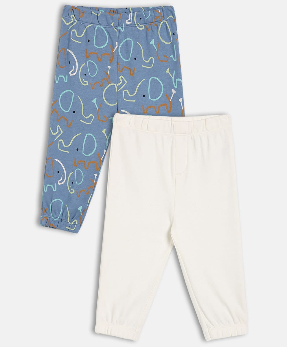 MINI KLUB Cotton Knit Pack Of 2 Solid & Elephant Printed Pajamas - White & Blue-picture-20
