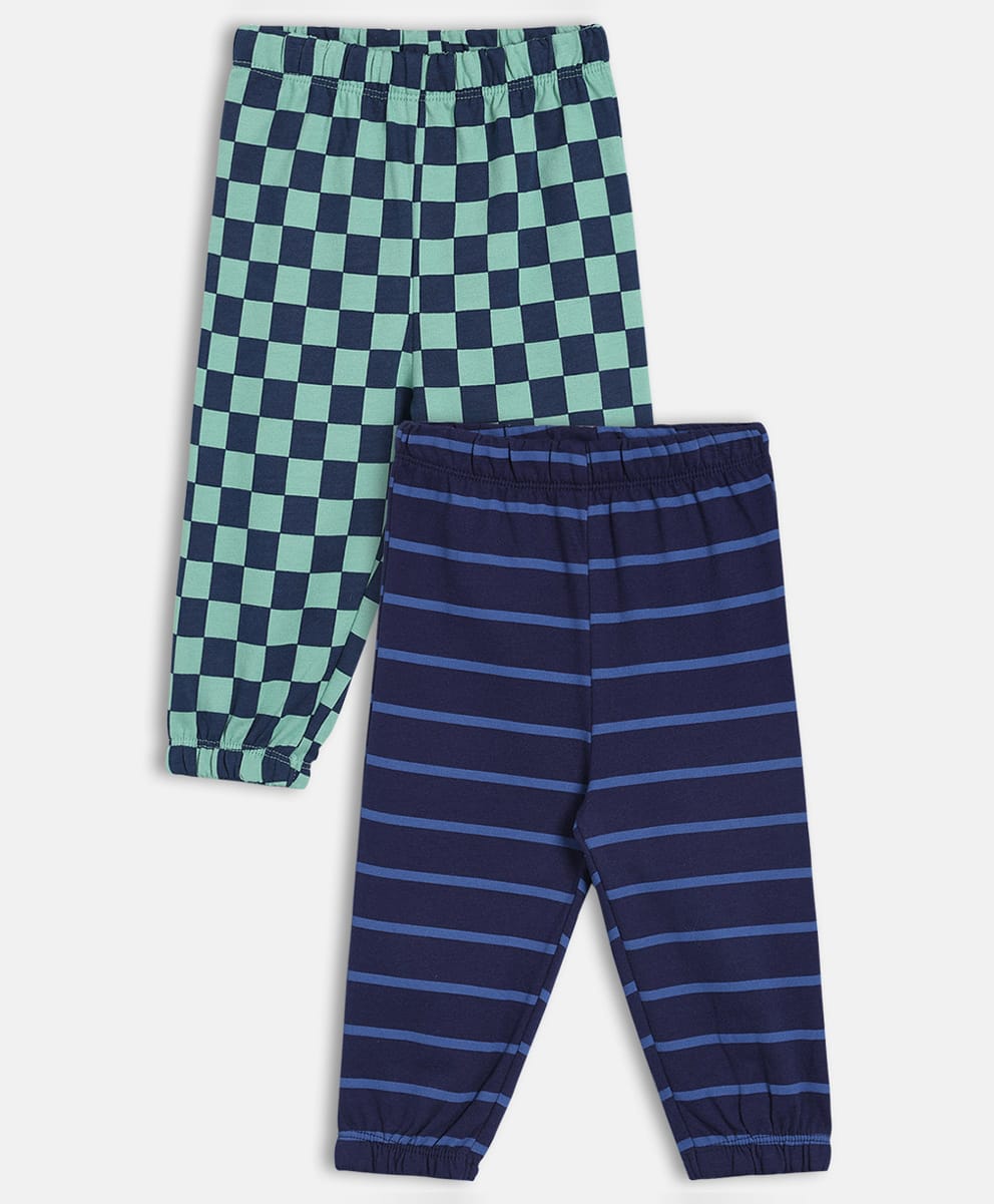 MINI KLUB Cotton Knit Pack Of 2 Checked & Striped Pajamas - Blue-picture-17